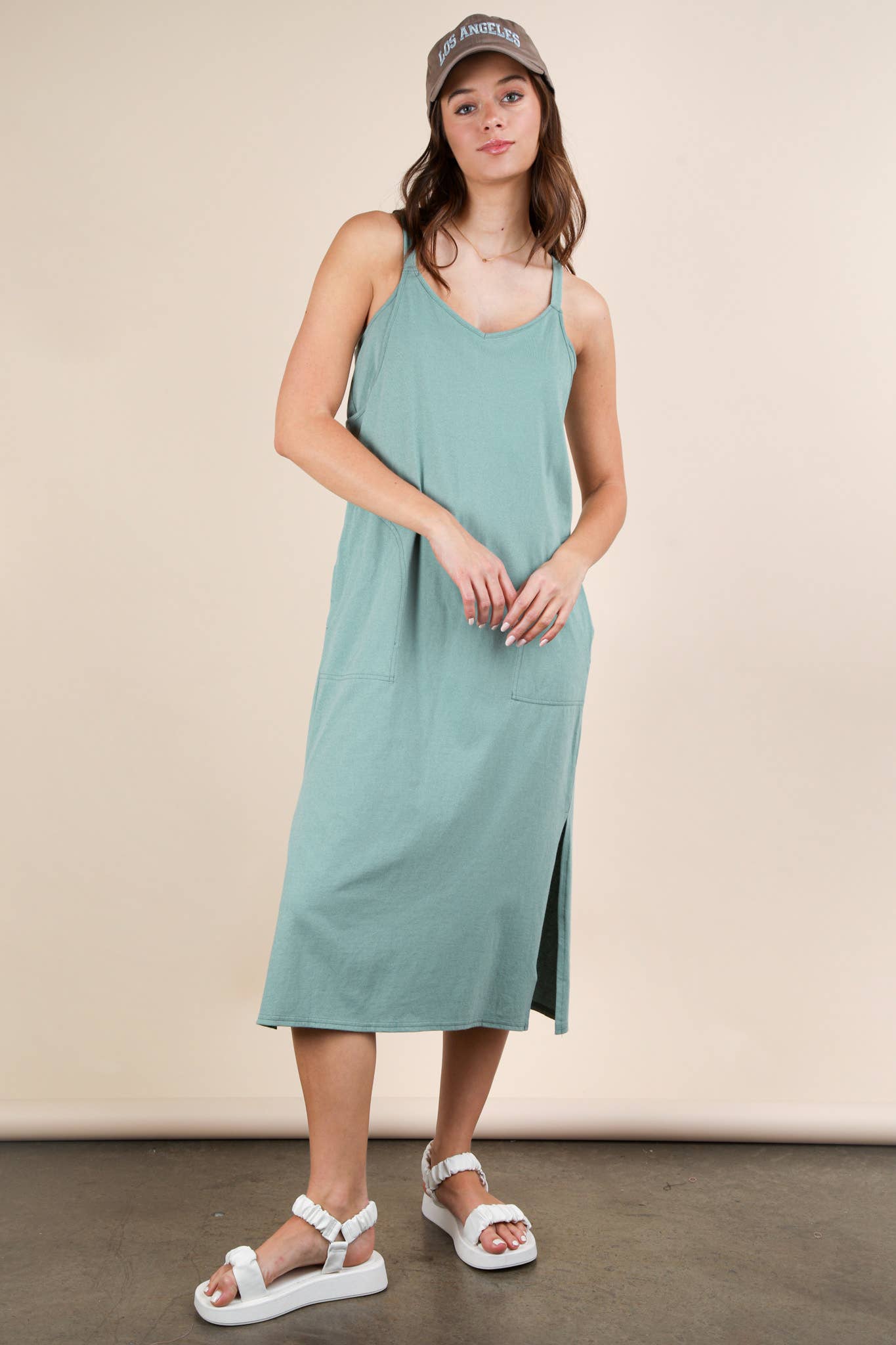 ND31605-V-Neck Sleeveless Casual Comfy Midi Dress - Buttercup Lynne Boutique