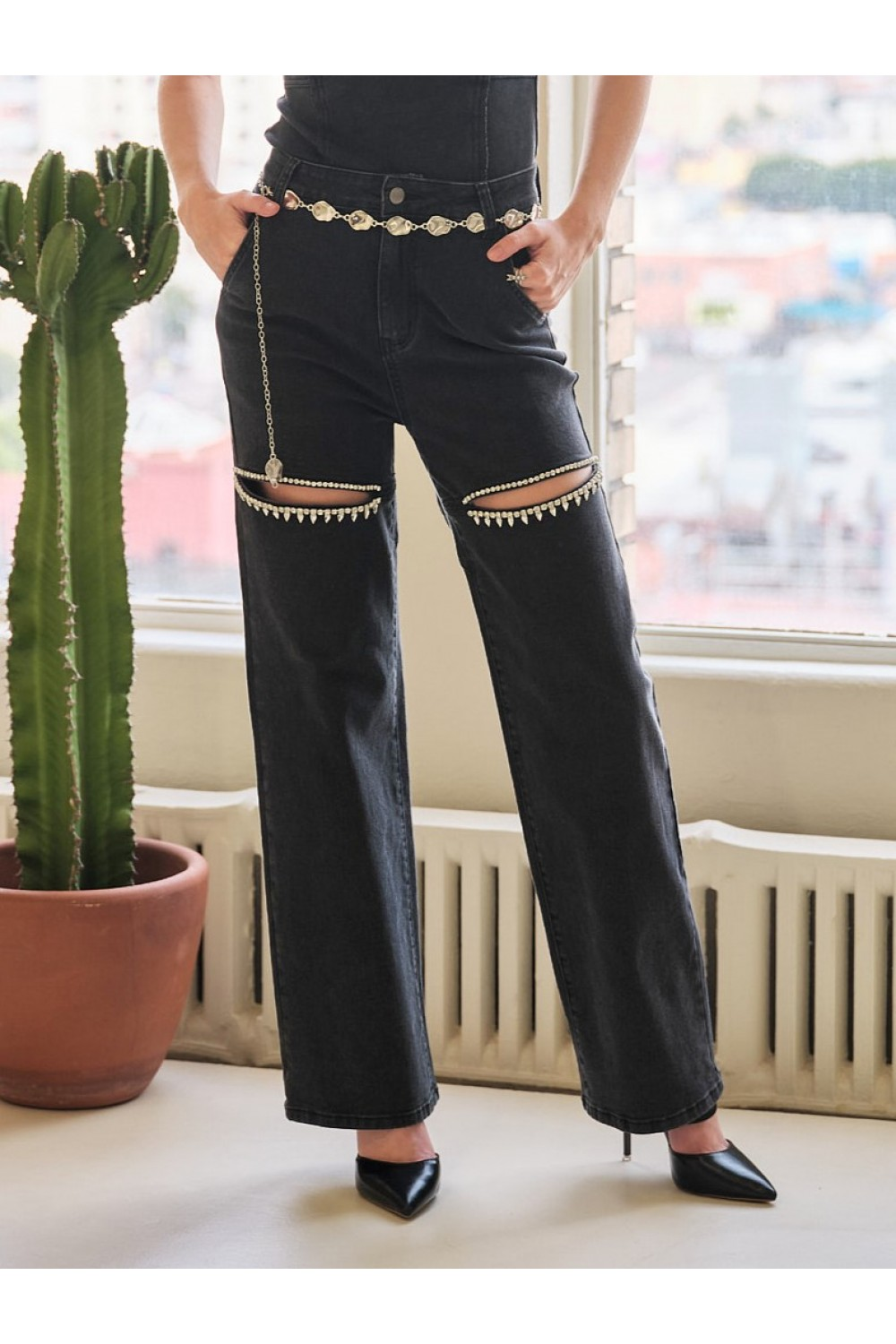 Shine Bright Cut Out Front Rhinestone Jeans - Buttercup Lynne Boutique