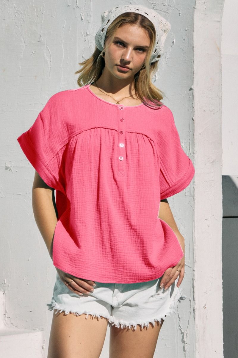 Playful Pink Cotton Gauze Blouse - Buttercup Lynne Boutique