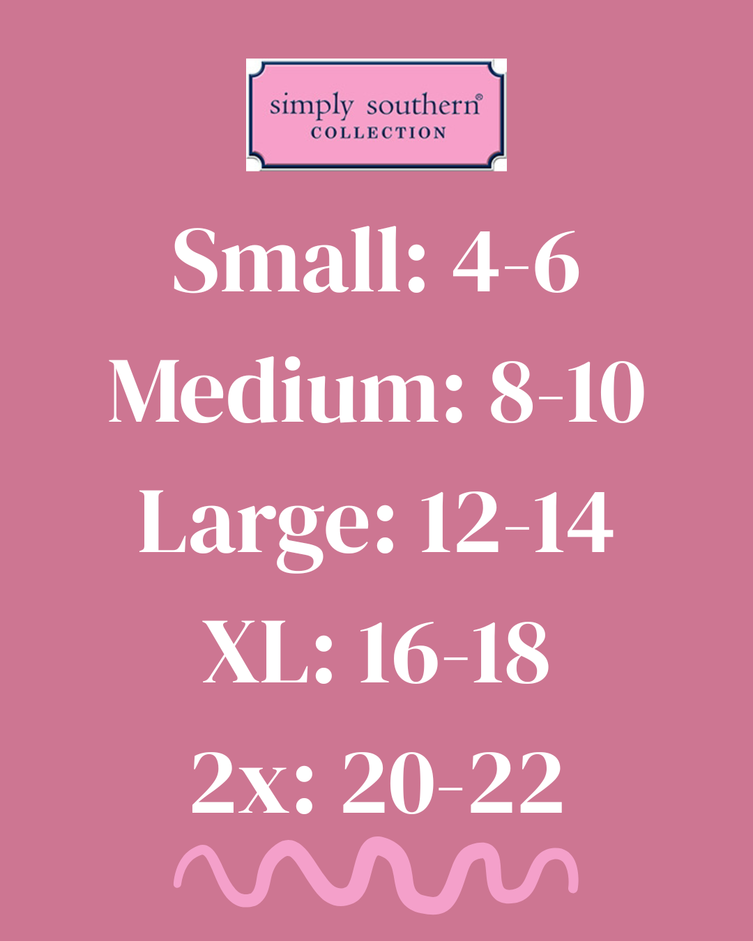 Size chart for 'Simply Southern' clothing on a pink background