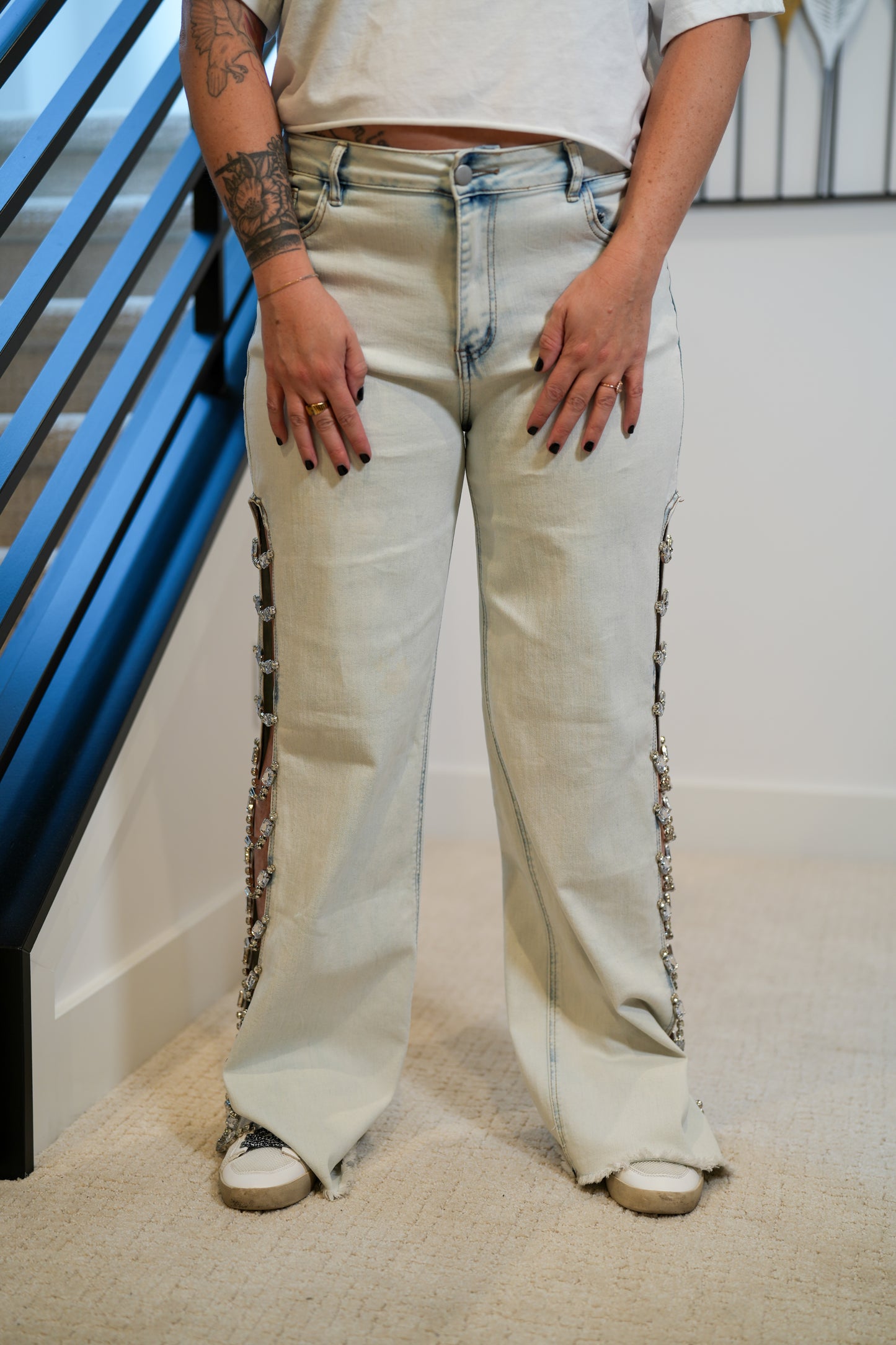 Denim Stretch Jeans Cut Out Sides With Jewels - Buttercup Lynne Boutique