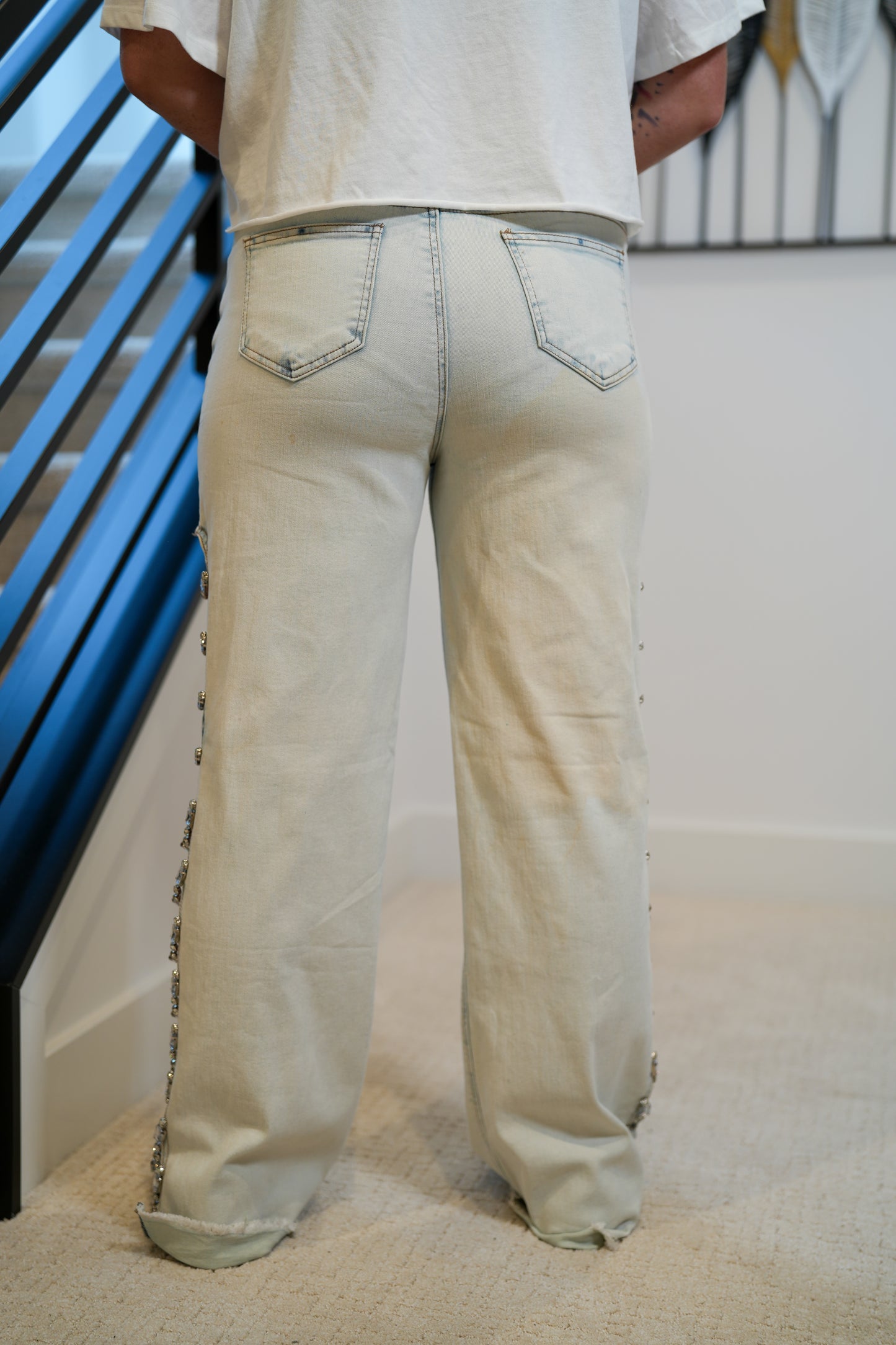 Denim Stretch Jeans Cut Out Sides With Jewels - Buttercup Lynne Boutique