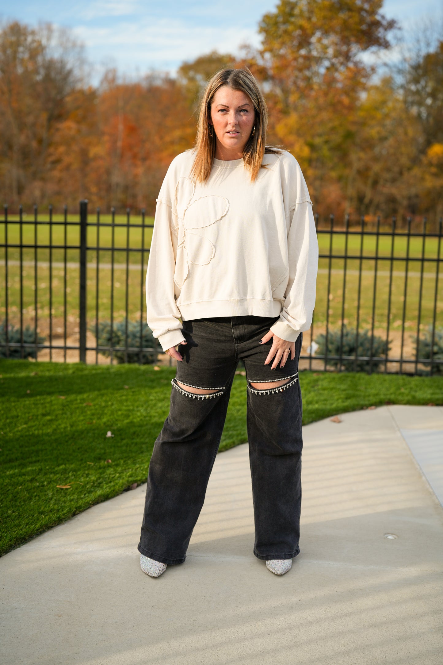 Shine Bright Cut Out Front Rhinestone Jeans - Buttercup Lynne Boutique