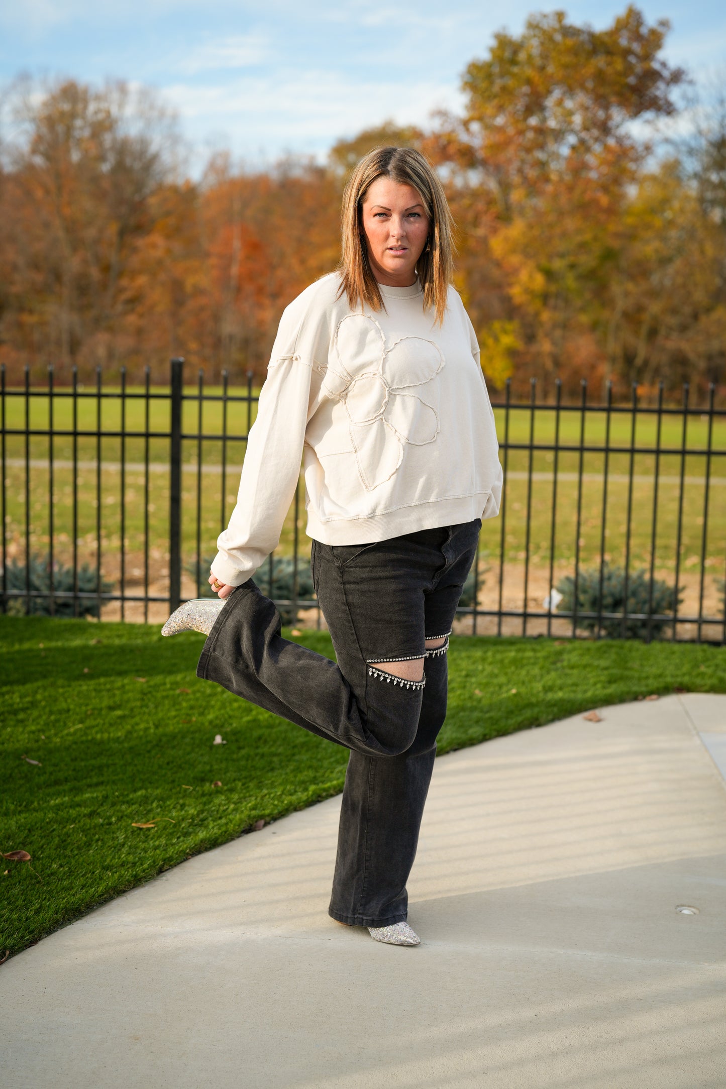 Shine Bright Cut Out Front Rhinestone Jeans - Buttercup Lynne Boutique