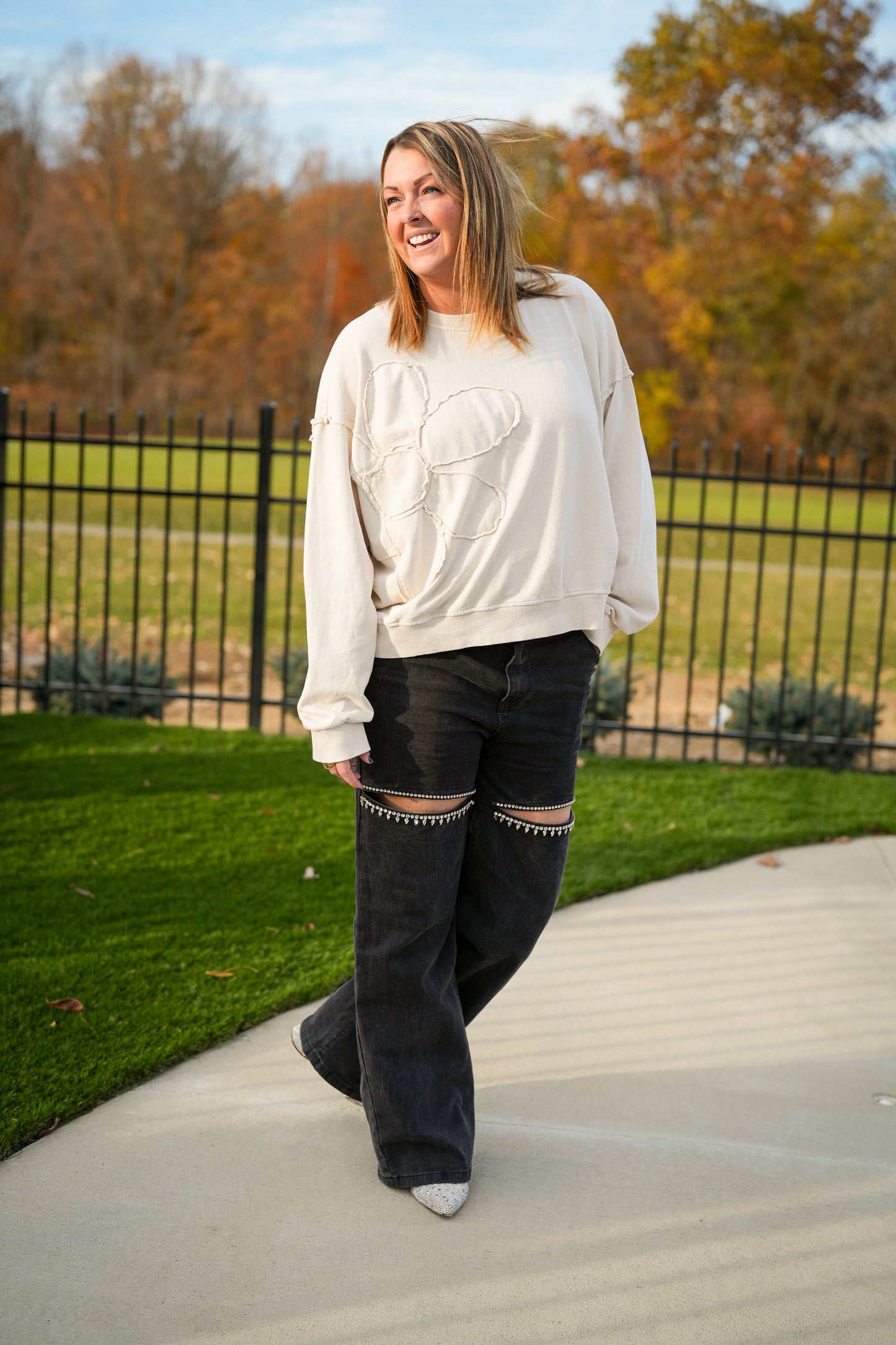 Shine Bright Cut Out Front Rhinestone Jeans - Buttercup Lynne Boutique