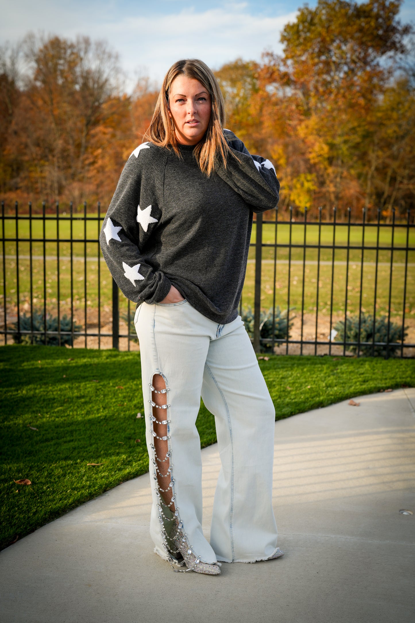 Denim Stretch Jeans Cut Out Sides With Jewels - Buttercup Lynne Boutique