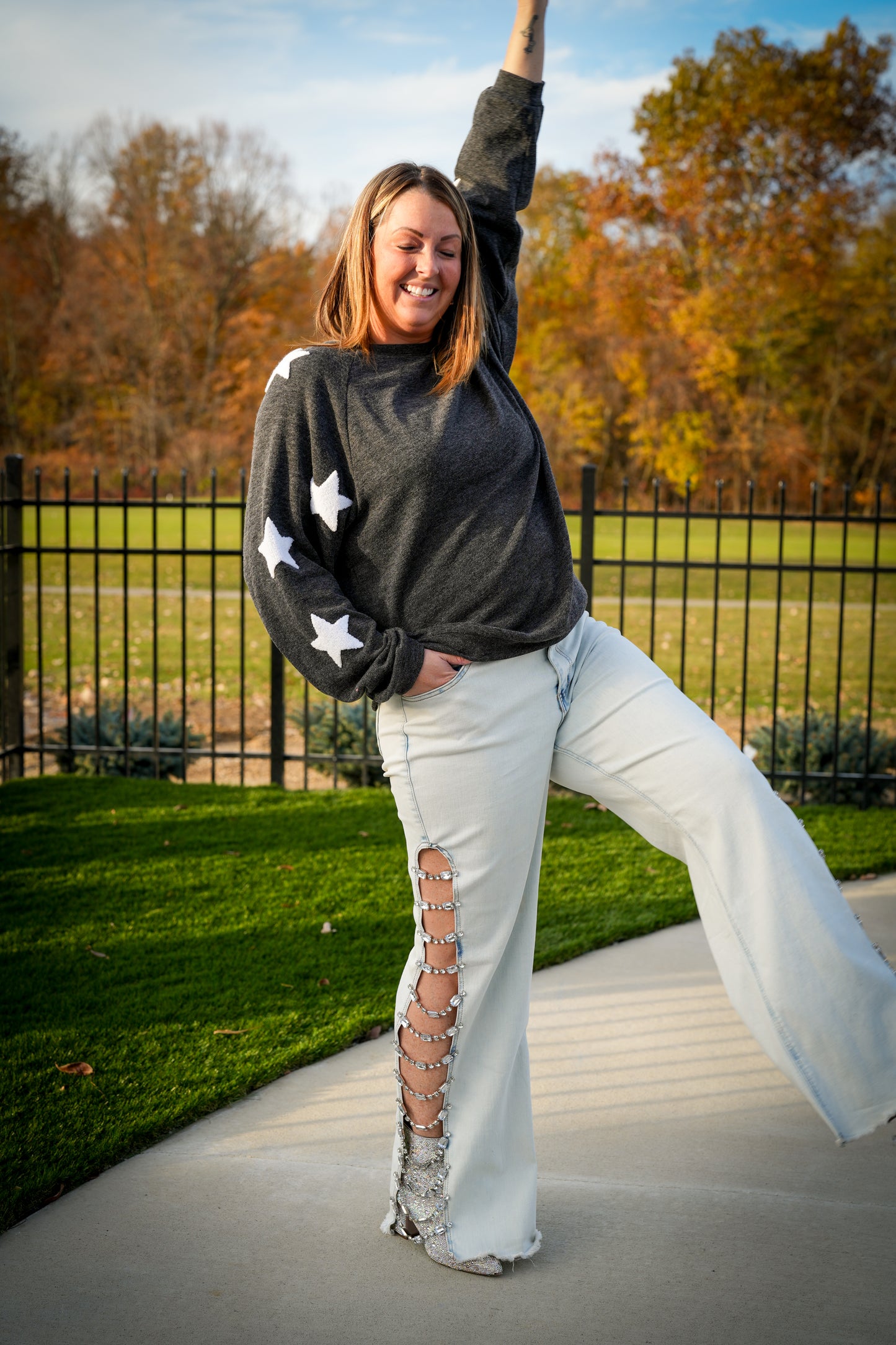 Denim Stretch Jeans Cut Out Sides With Jewels - Buttercup Lynne Boutique