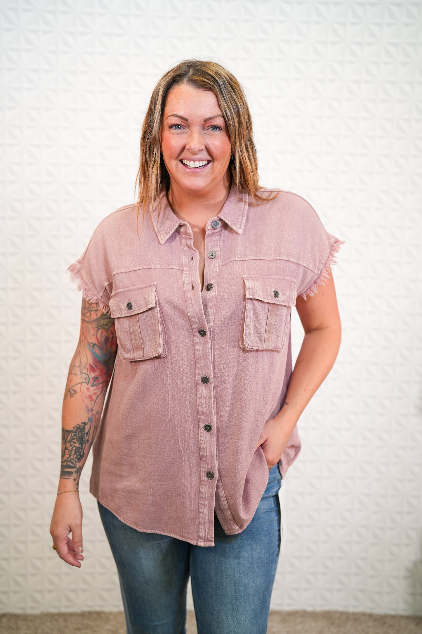 Raw Edge Cap Sleeve Mineral Washed Top - Buttercup Lynne Boutique