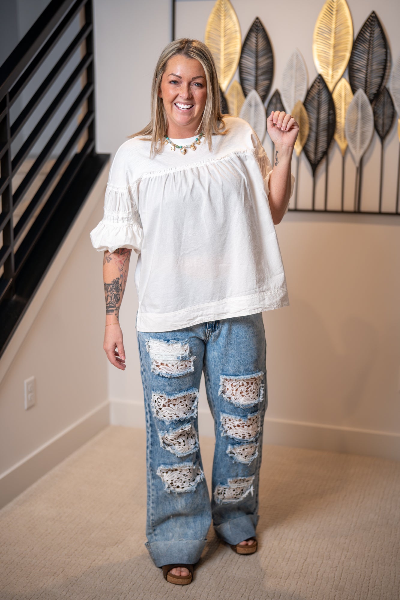 Oli & Hali Washed Distressed Lace Insert Denim Jeans