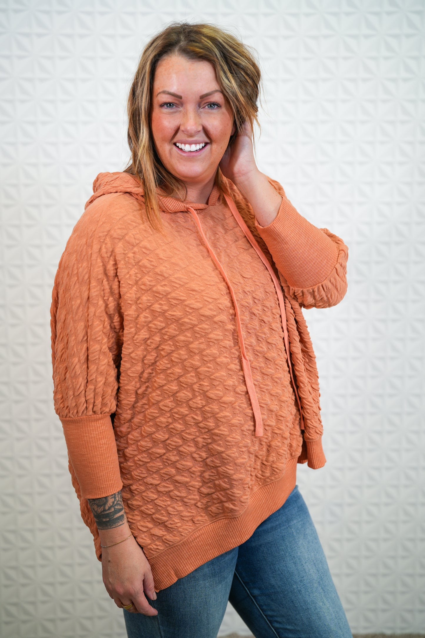 Knit Pullover Hoodie Apricot 3/4 Sleeve - Buttercup Lynne Boutique