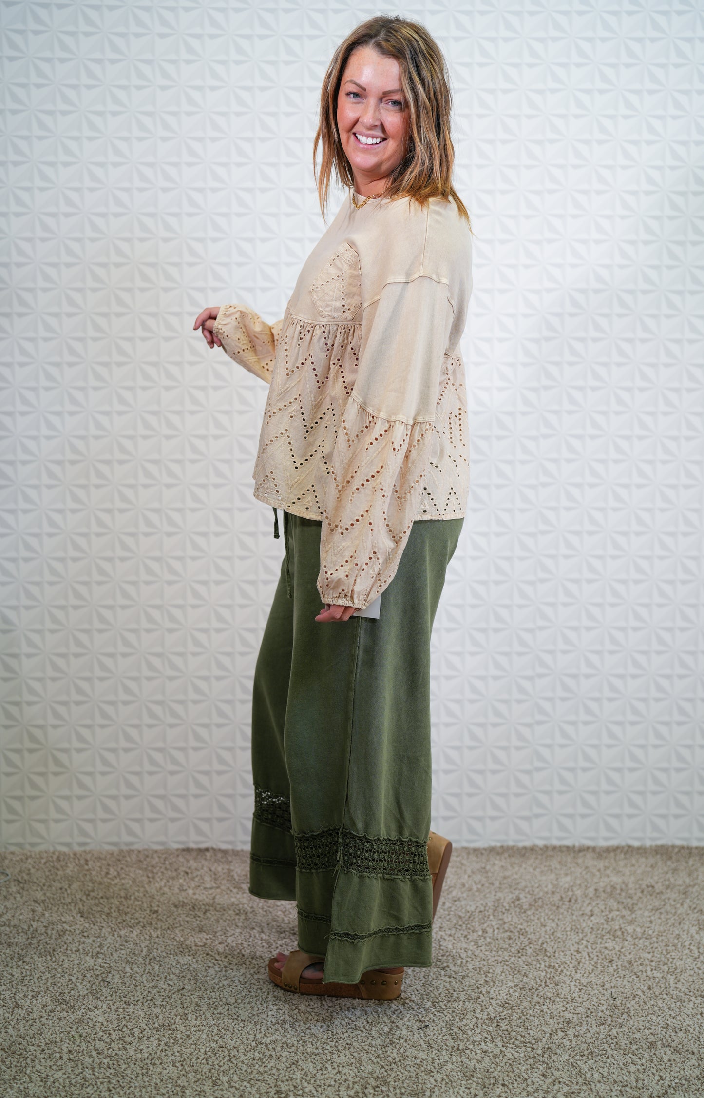 Eyelet Lace Babydoll Tunic - Khaki and Malibu Pink - Buttercup Lynne Boutique