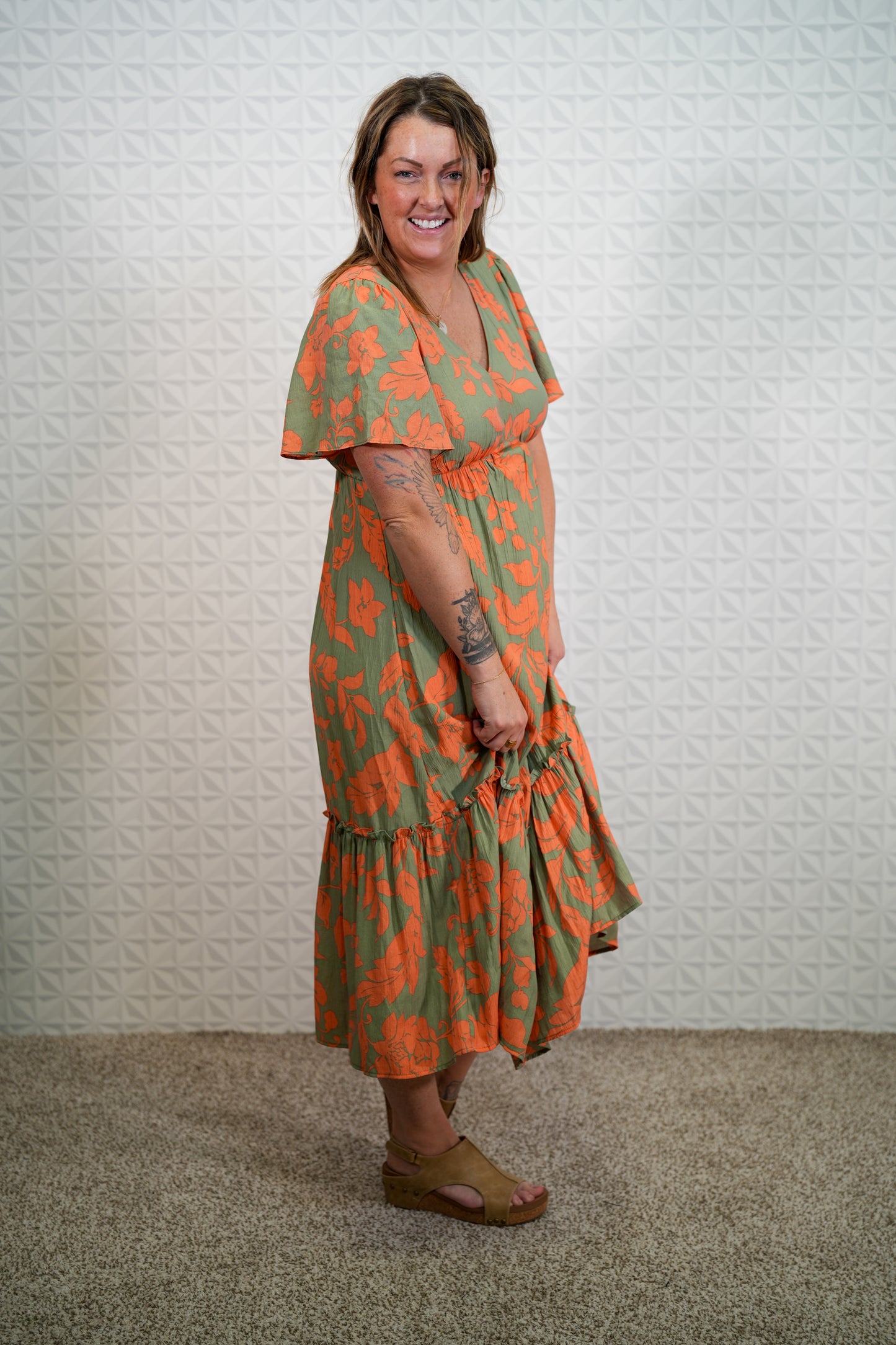 Voile Maxi Dress - Short Sleeve - Sage and Orange Floral - Buttercup Lynne Boutique