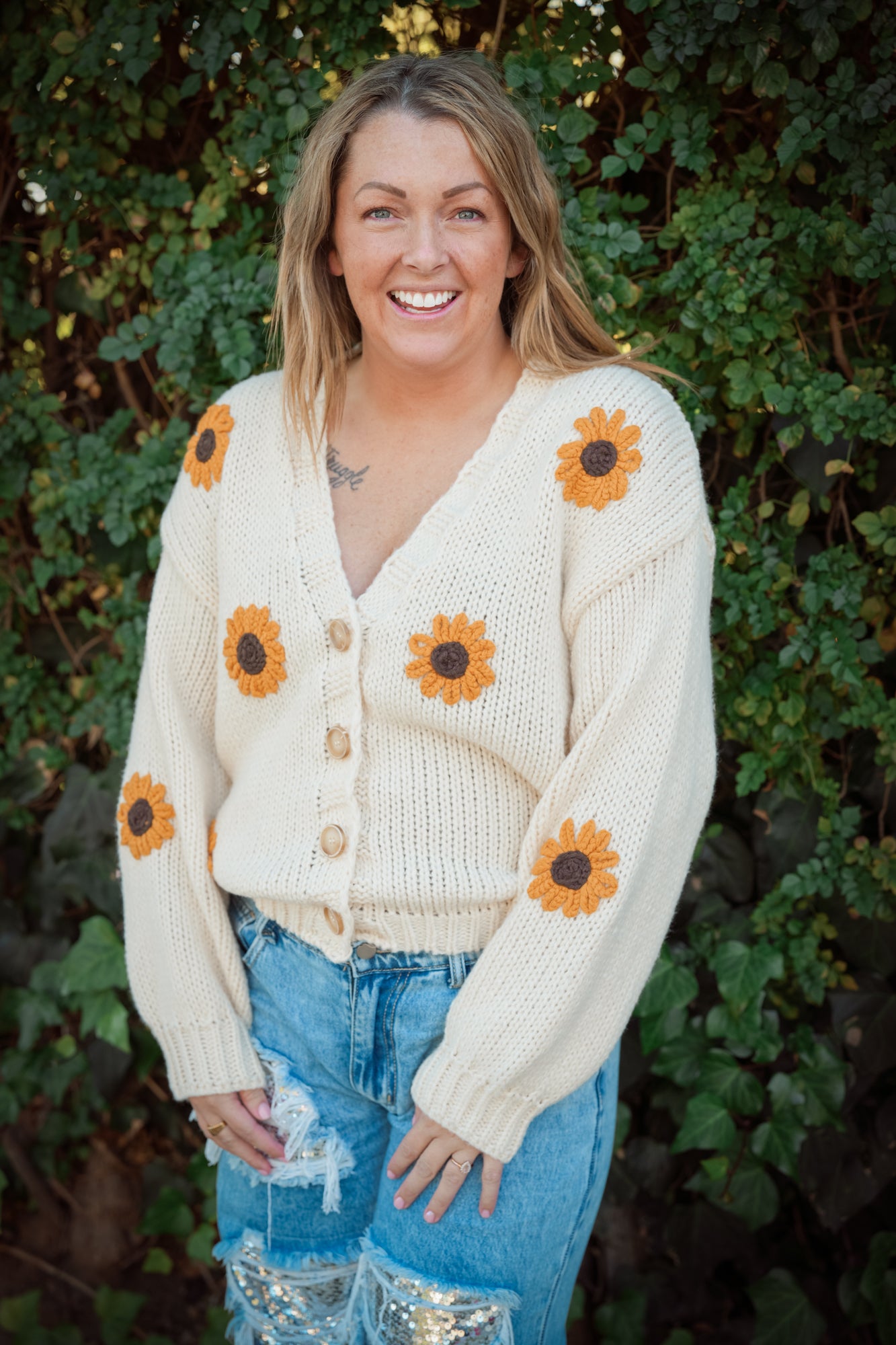 Blooming Sunshine Sunflower Embroidered Cardigan - Buttercup Lynne Boutique