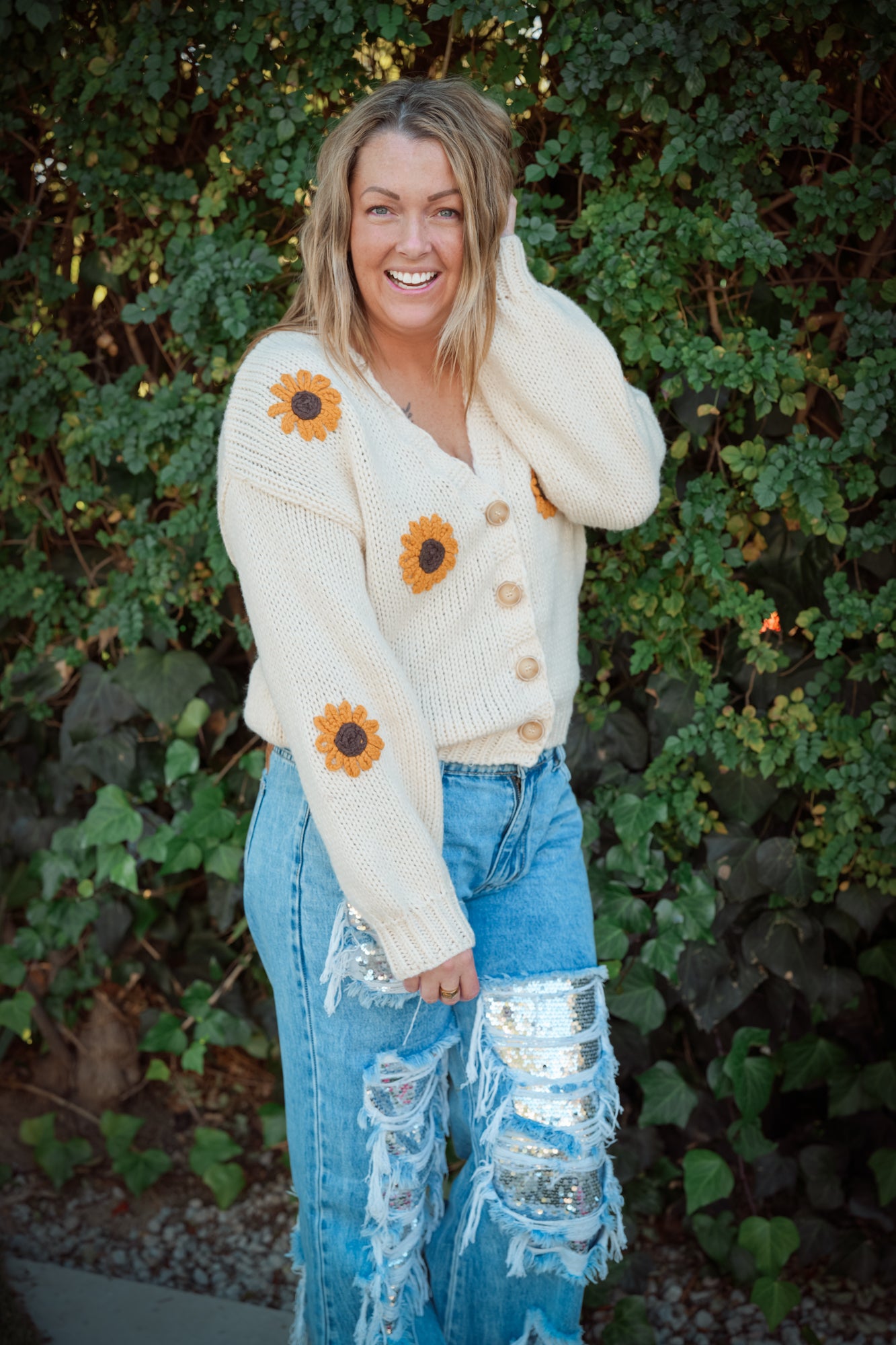 Blooming Sunshine Sunflower Embroidered Cardigan - Buttercup Lynne Boutique
