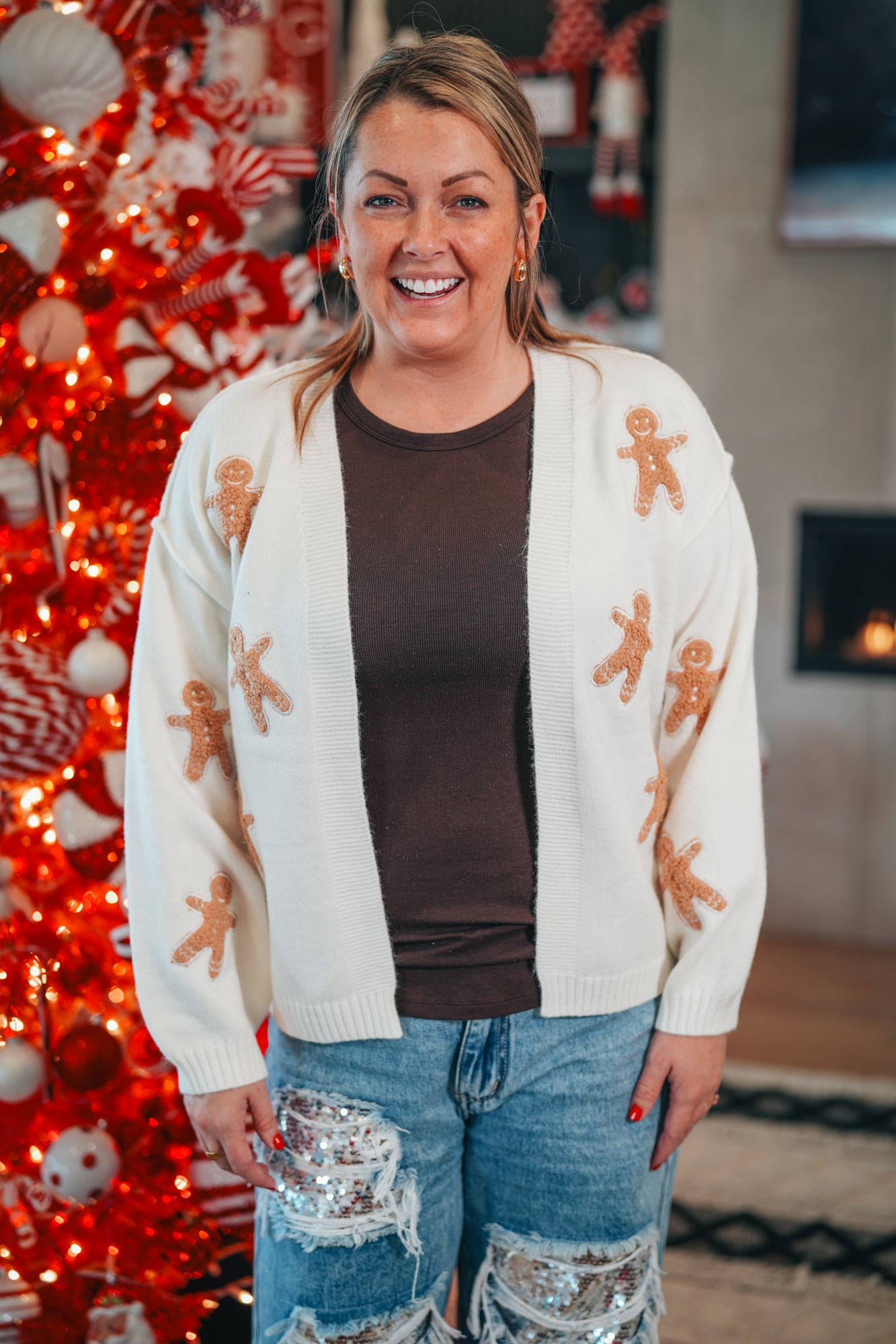 Gingerbread Man Patch Cardigan - Buttercup Lynne Boutique