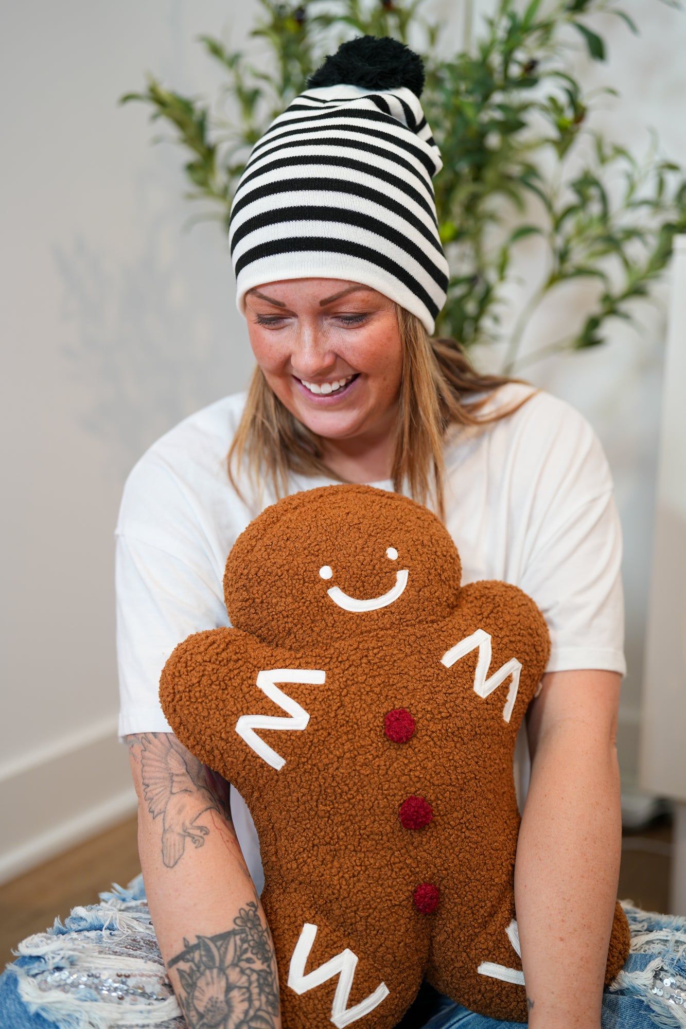 Stripe Beanie with Pom Pom - Buttercup Lynne Boutique