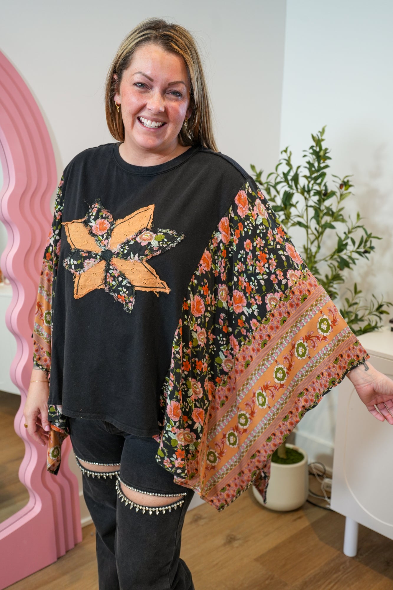 Everyday Beauty Print Mix Poncho Top - Buttercup Lynne Boutique