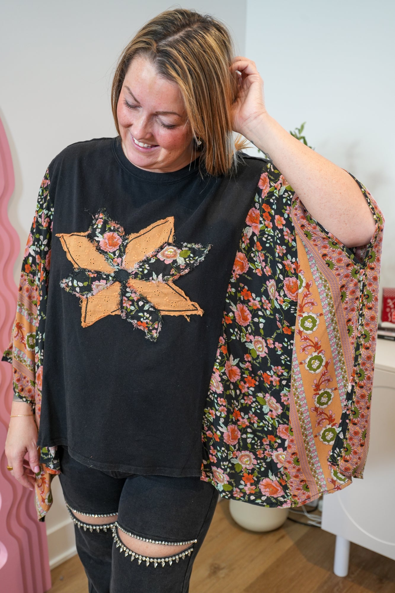 Everyday Beauty Print Mix Poncho Top - Buttercup Lynne Boutique