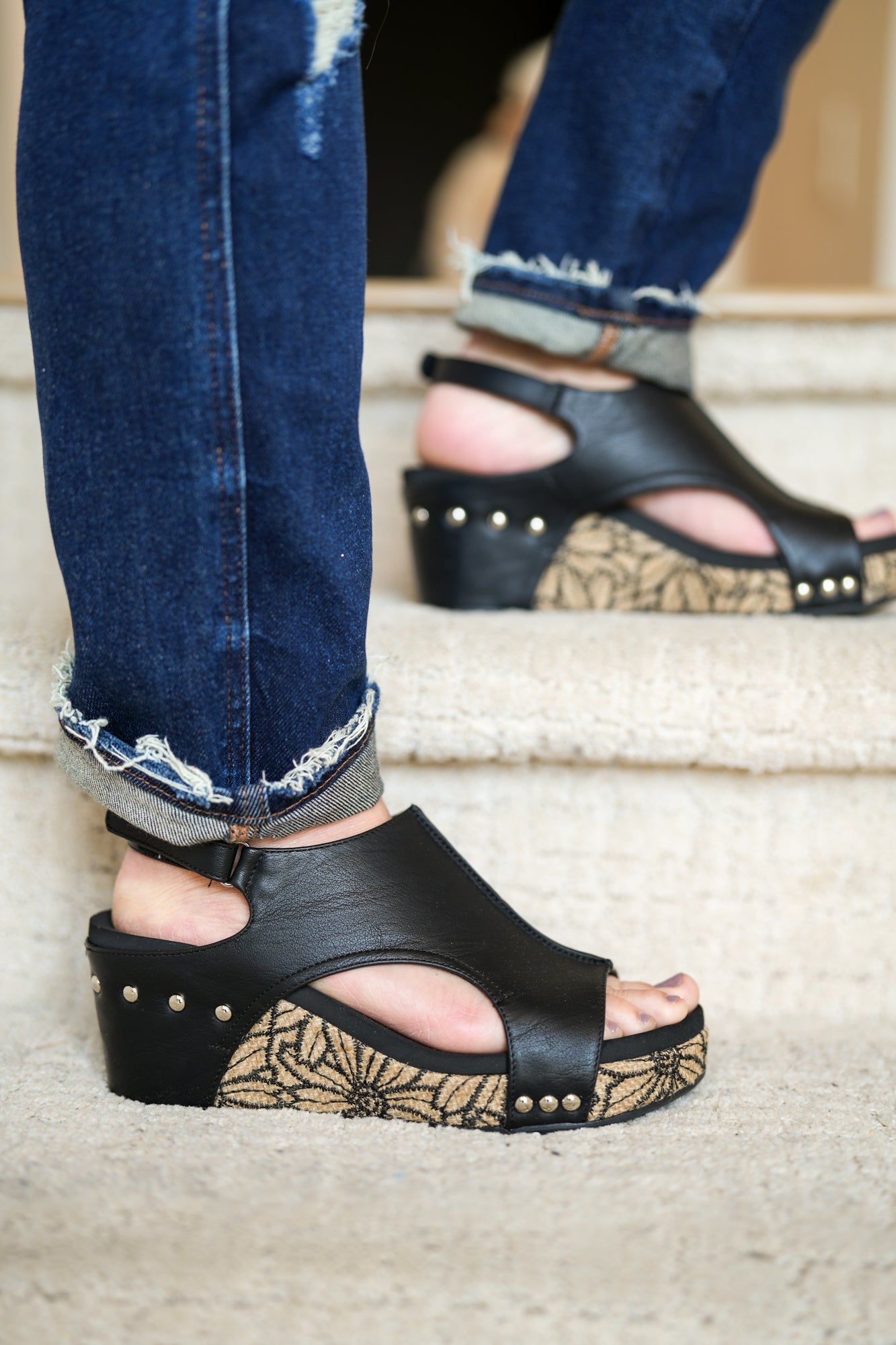 Corkys Black Floral Wrap Carley Wedge Sandals - Buttercup Lynne Boutique