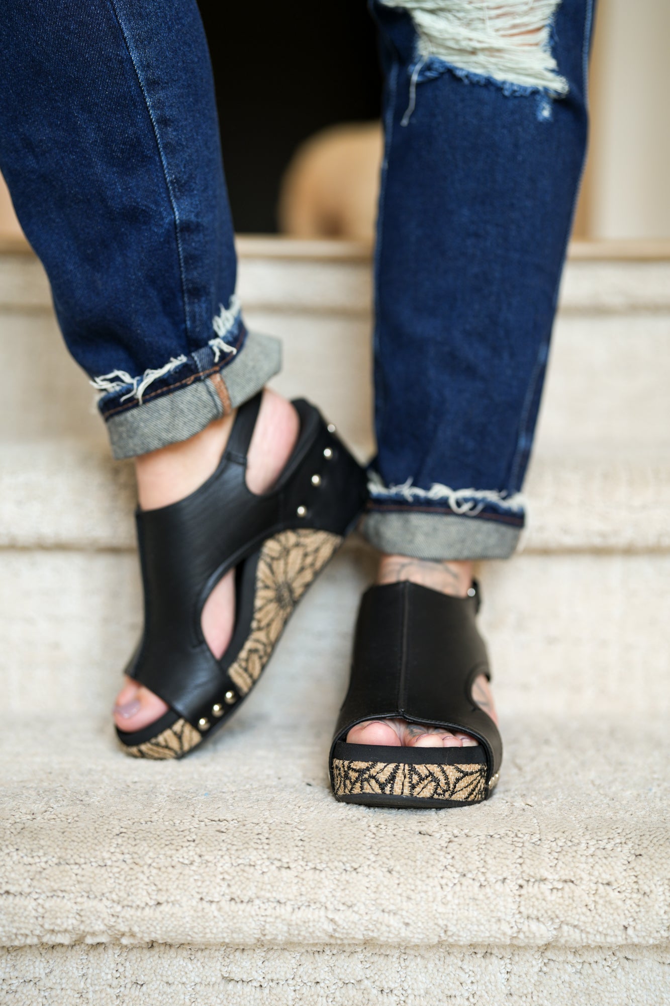 Corkys Black Floral Wrap Carley Wedge Sandals - Buttercup Lynne Boutique