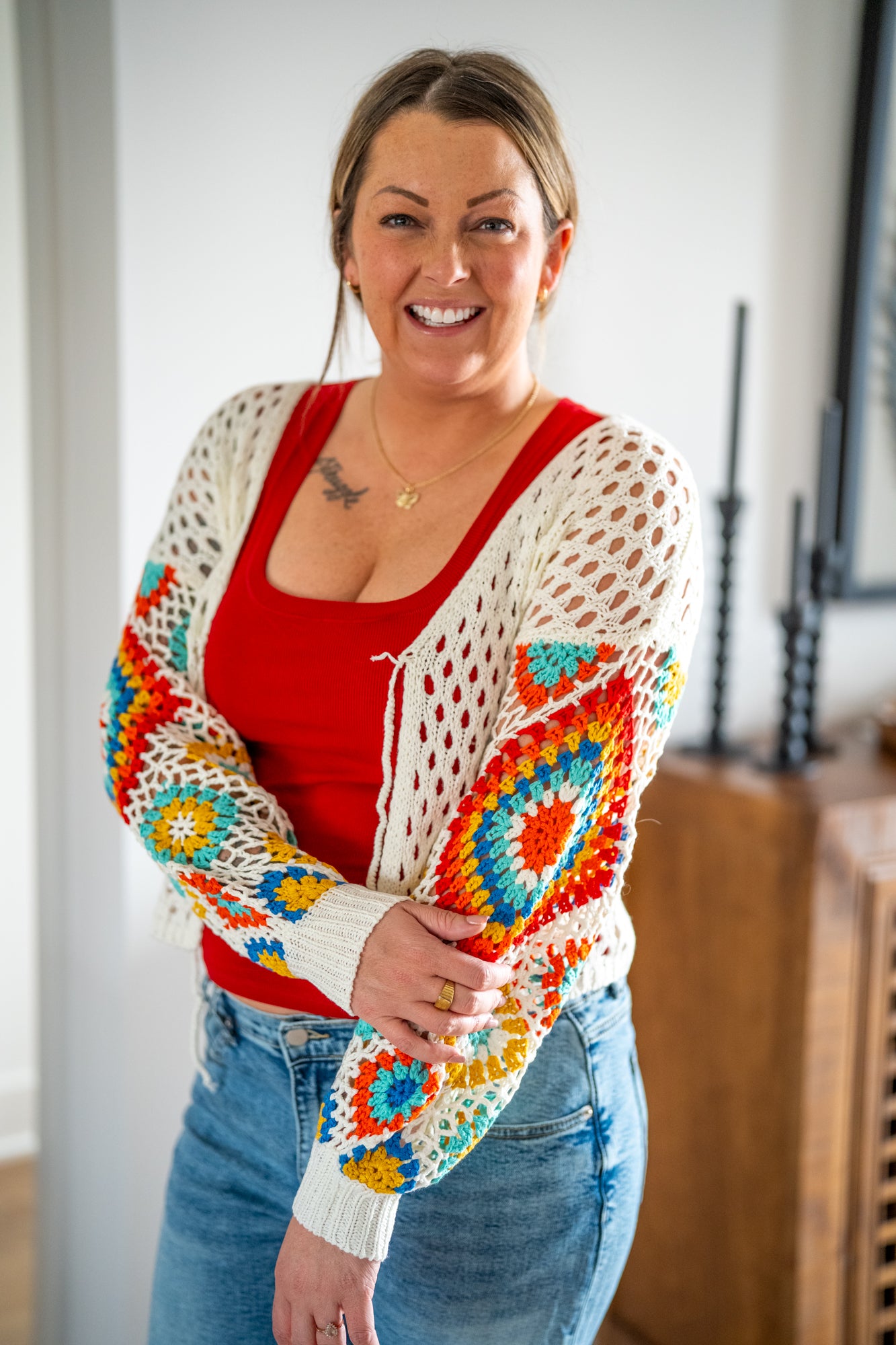 Embroidered Sleeve Cropped Cardigan with Front Tie - Buttercup Lynne Boutique