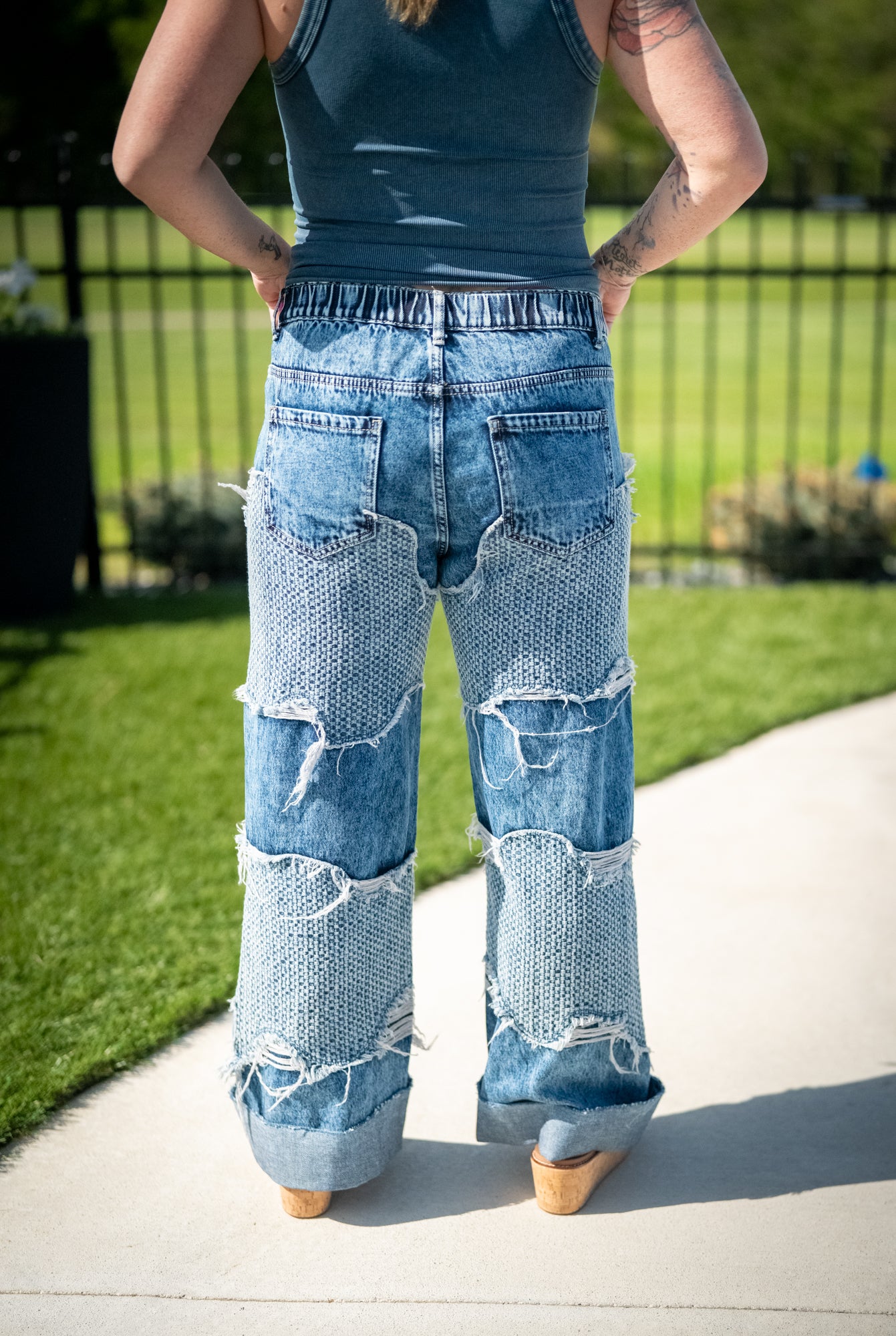 Knit Patch Mineral Washed Distressed Jeans - Buttercup Lynne Boutique