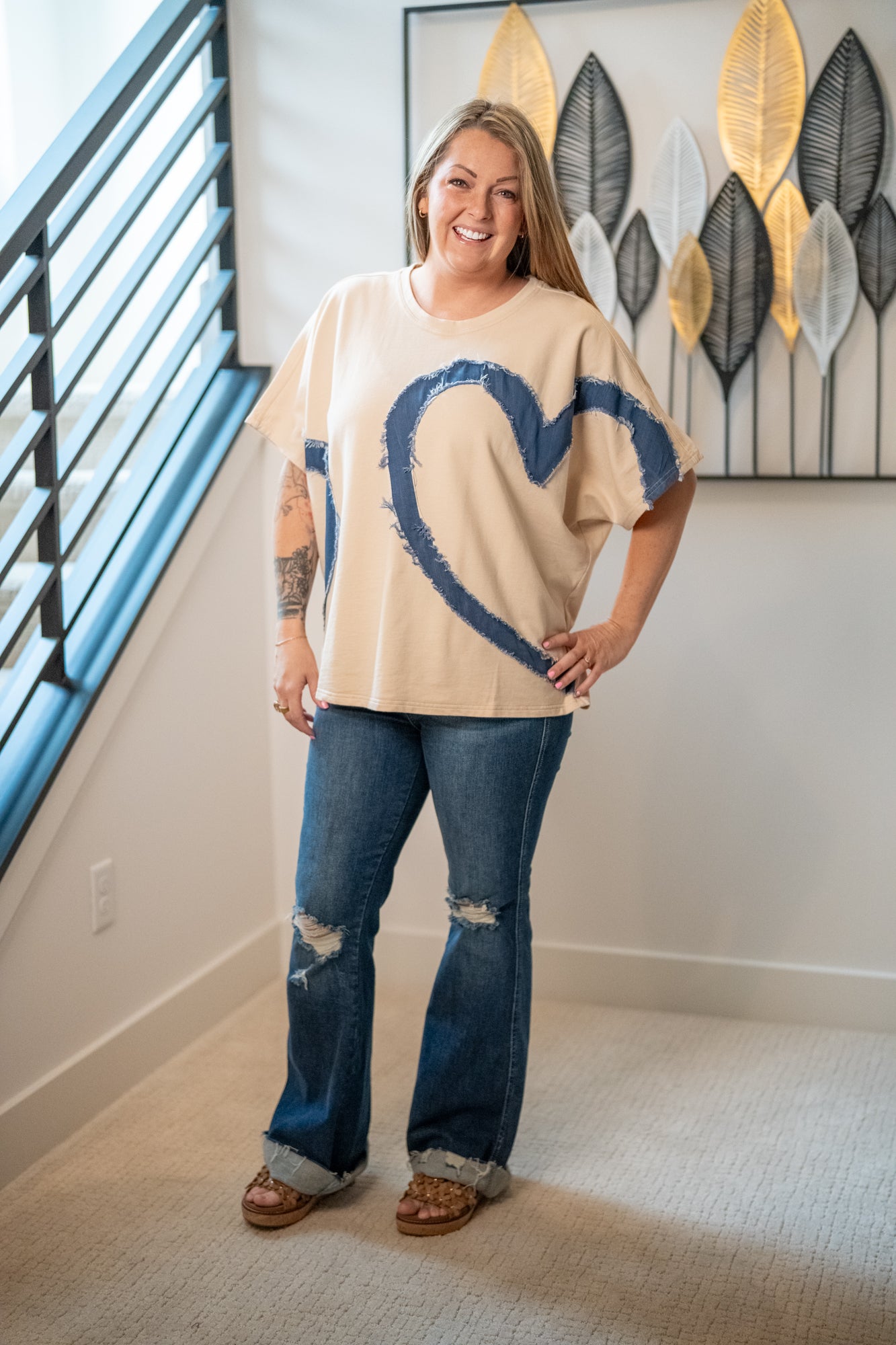 Easel Heart Patch Mineral Washed Knit Top - Buttercup Lynne Boutique