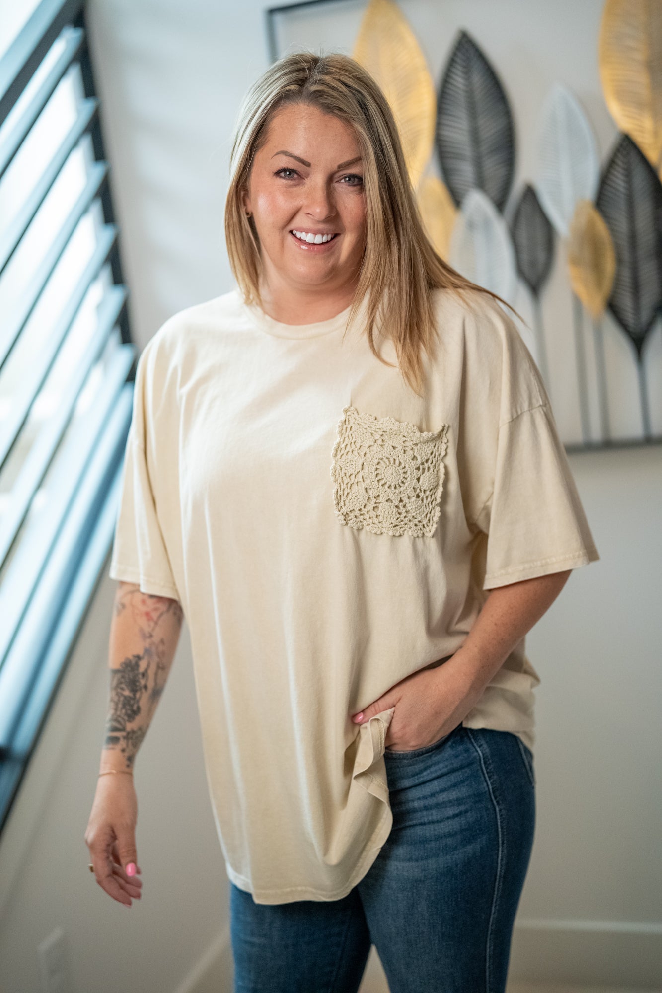 Easel Crochet Pocket Mineral Washed T-Shirt - Buttercup Lynne Boutique