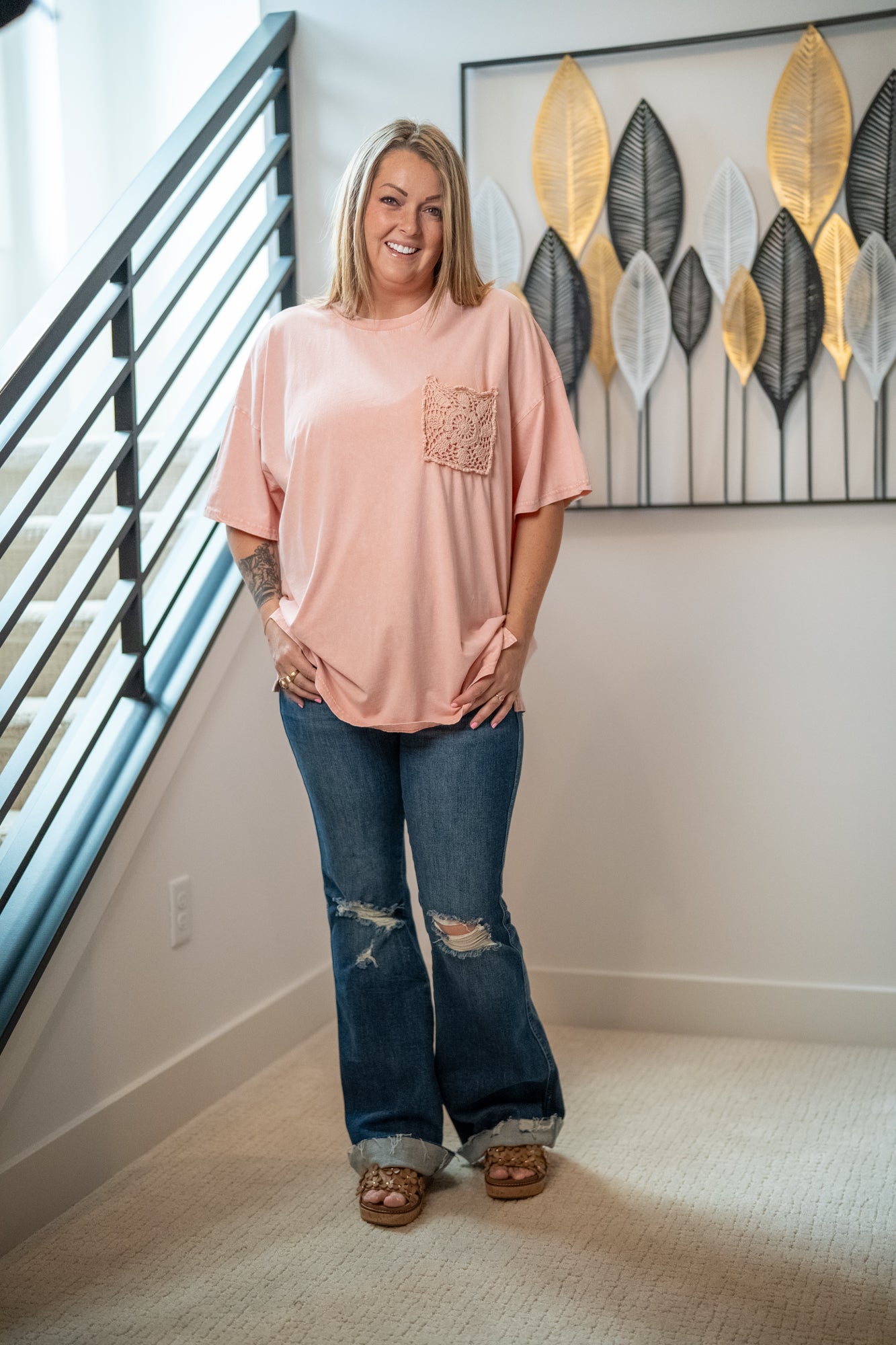 Easel Crochet Pocket Mineral Washed T-Shirt - Buttercup Lynne Boutique