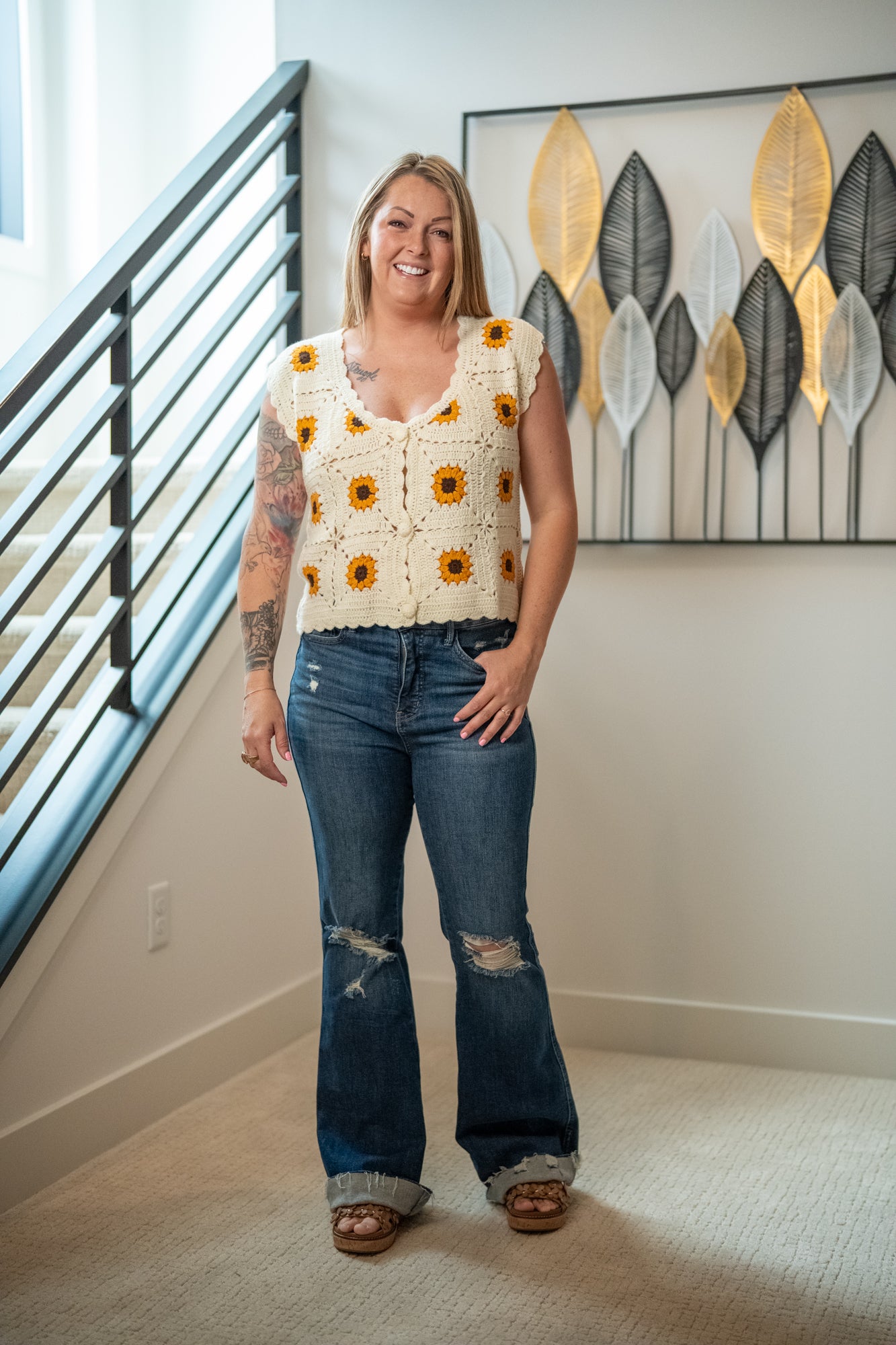 Sunflower Embroidered Vest - Buttercup Lynne Boutique