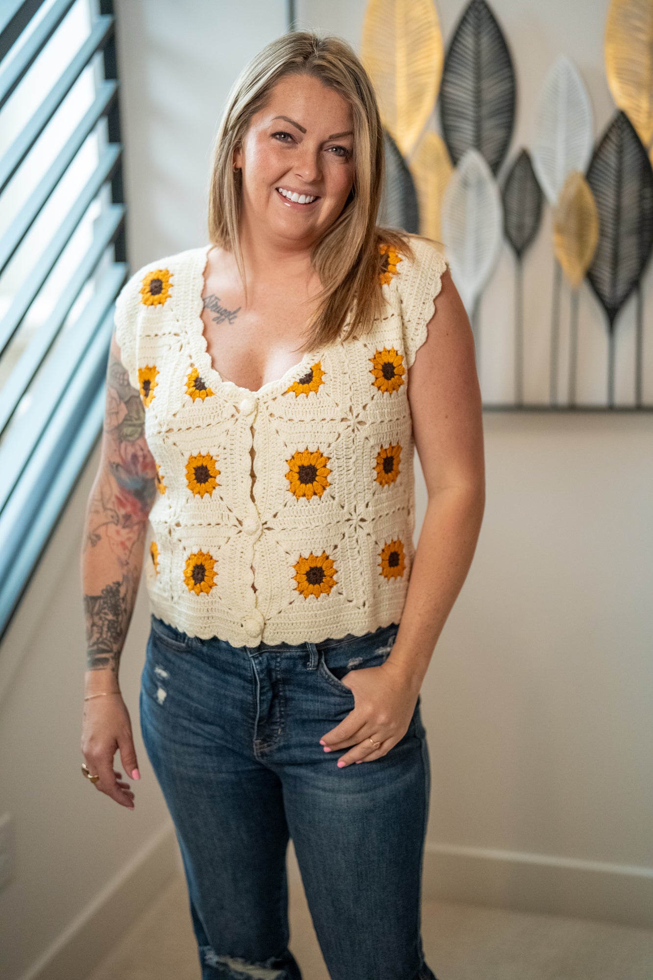 Sunflower Embroidered Vest - Buttercup Lynne Boutique