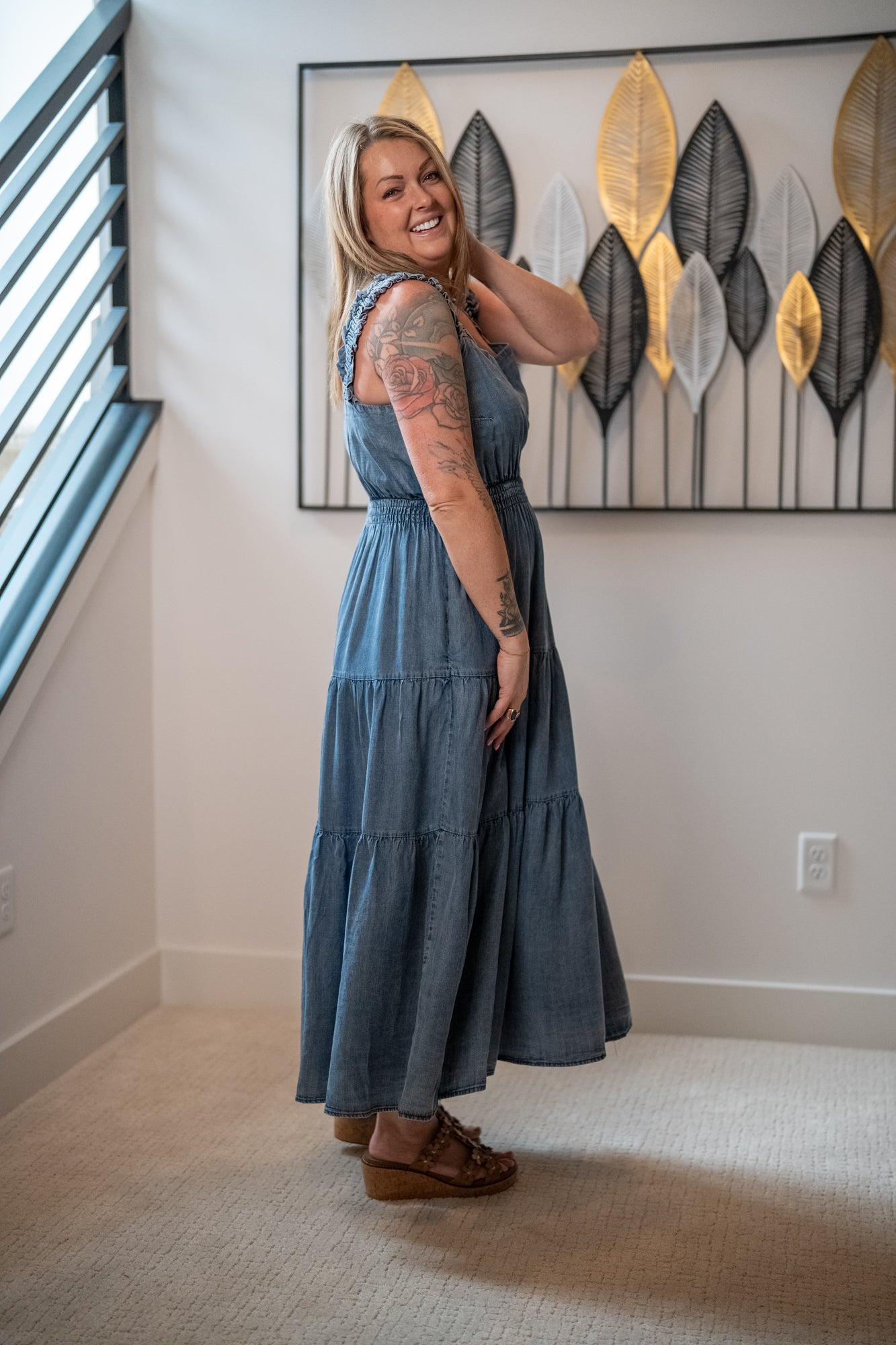 Easel Washed Chambray Tiered Maxi Dress - Buttercup Lynne Boutique