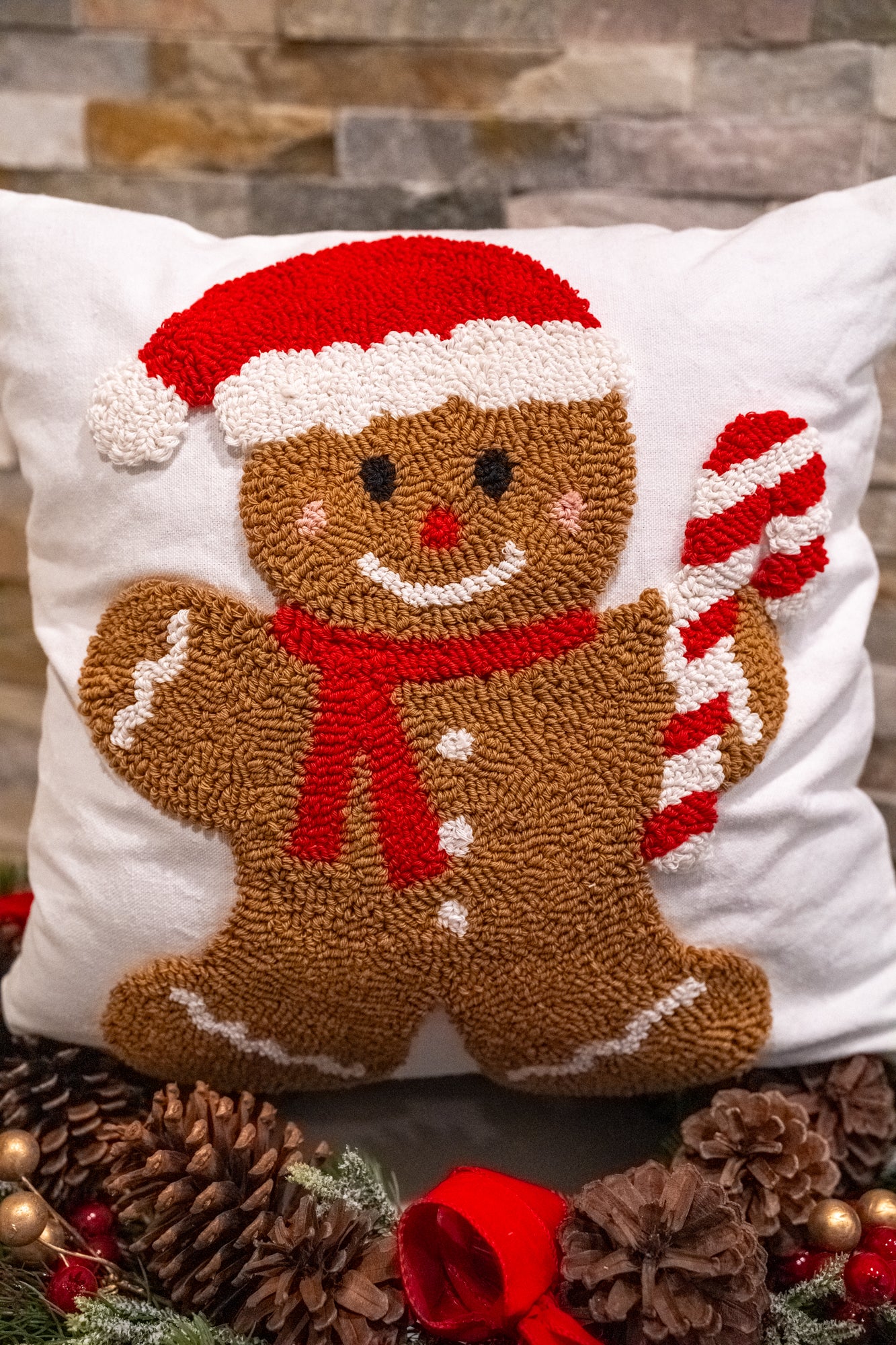 Candy Cane Gingerbread Santa Hooked Pillow - Buttercup Lynne Boutique