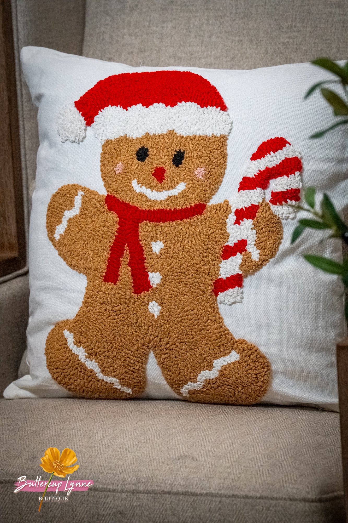 Candy Cane Gingerbread Santa Hooked Pillow - Buttercup Lynne Boutique