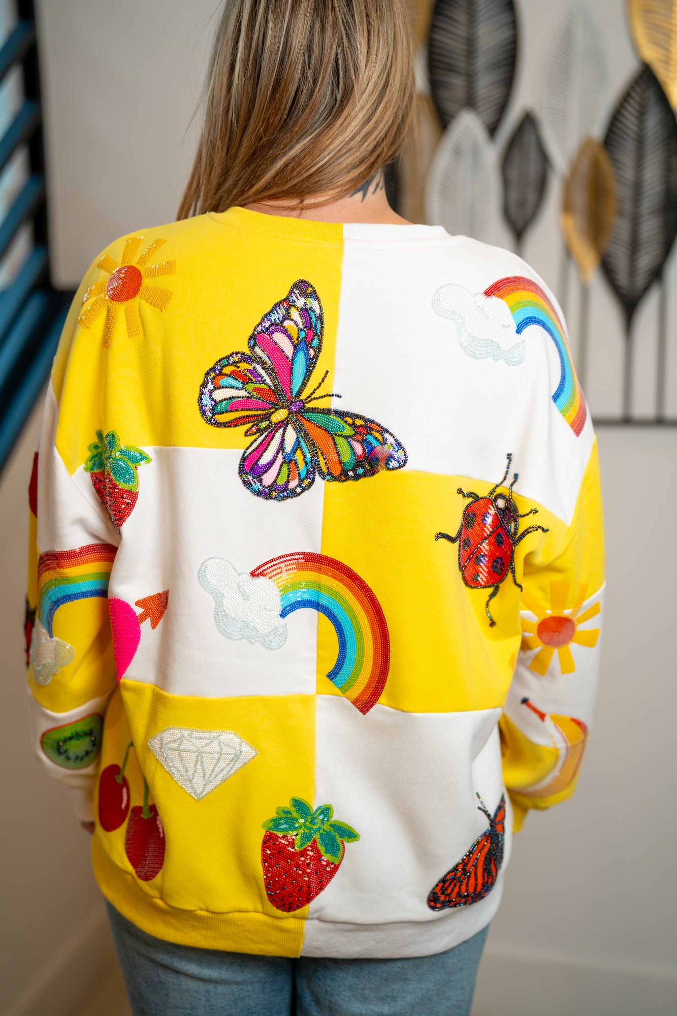 Queen of Sparkles Yellow & White Checkered Summer Icons Sweatshirt