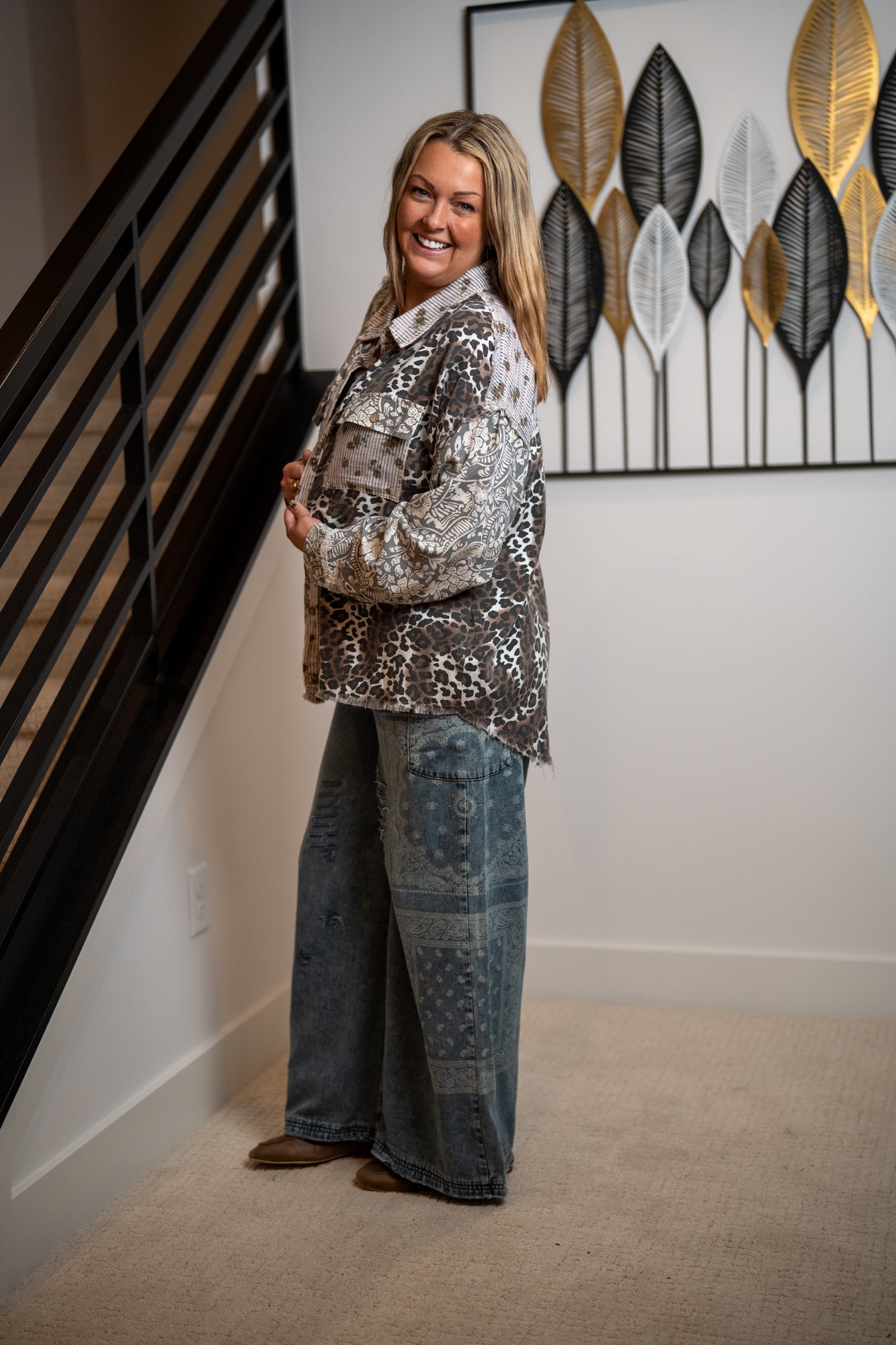 Oli & Hali Washed Paisley Leopard Button Down Shirt