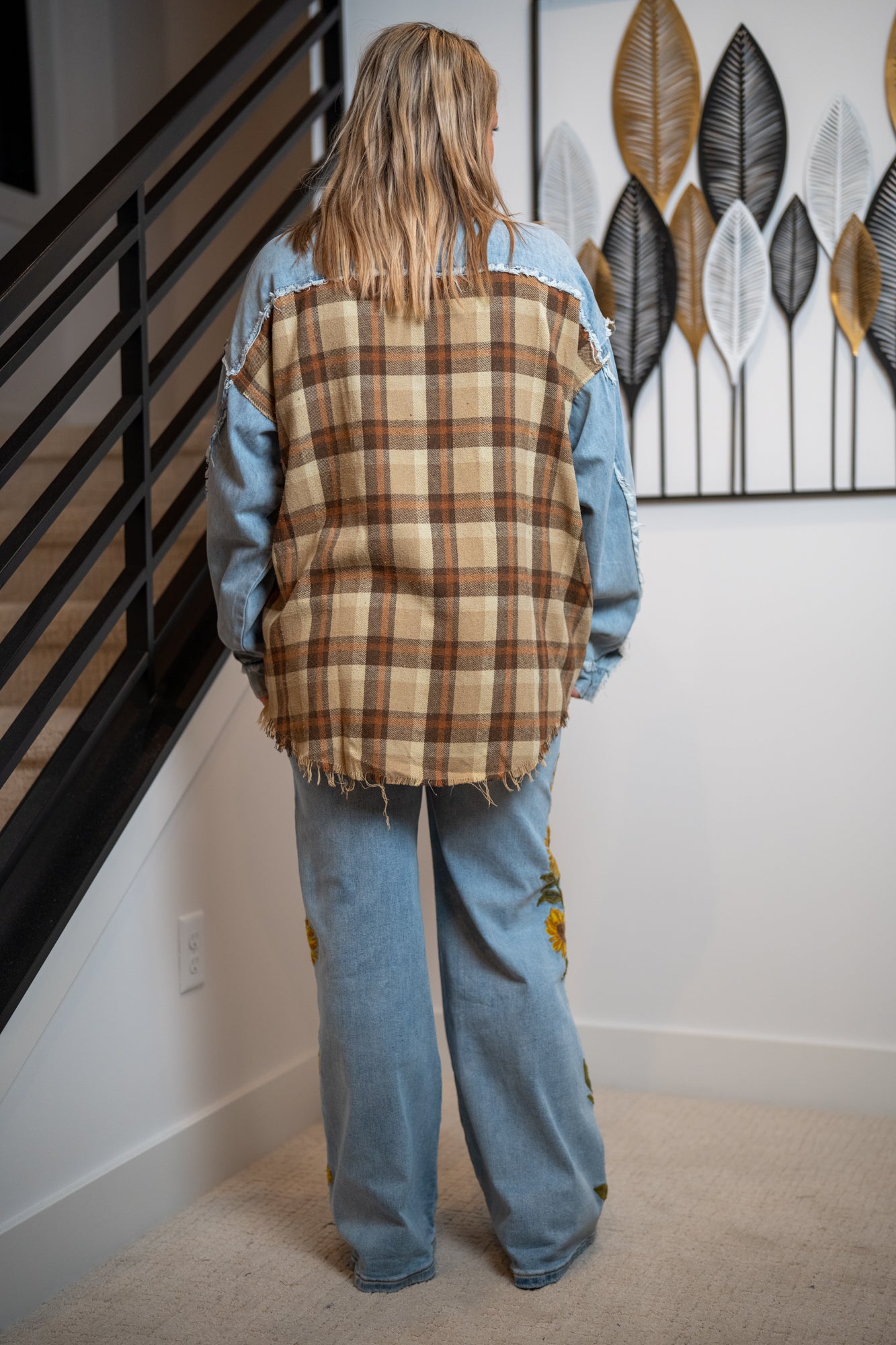 Oli & Hali - Washed Plaid Denim Mix Button Down Shacket
