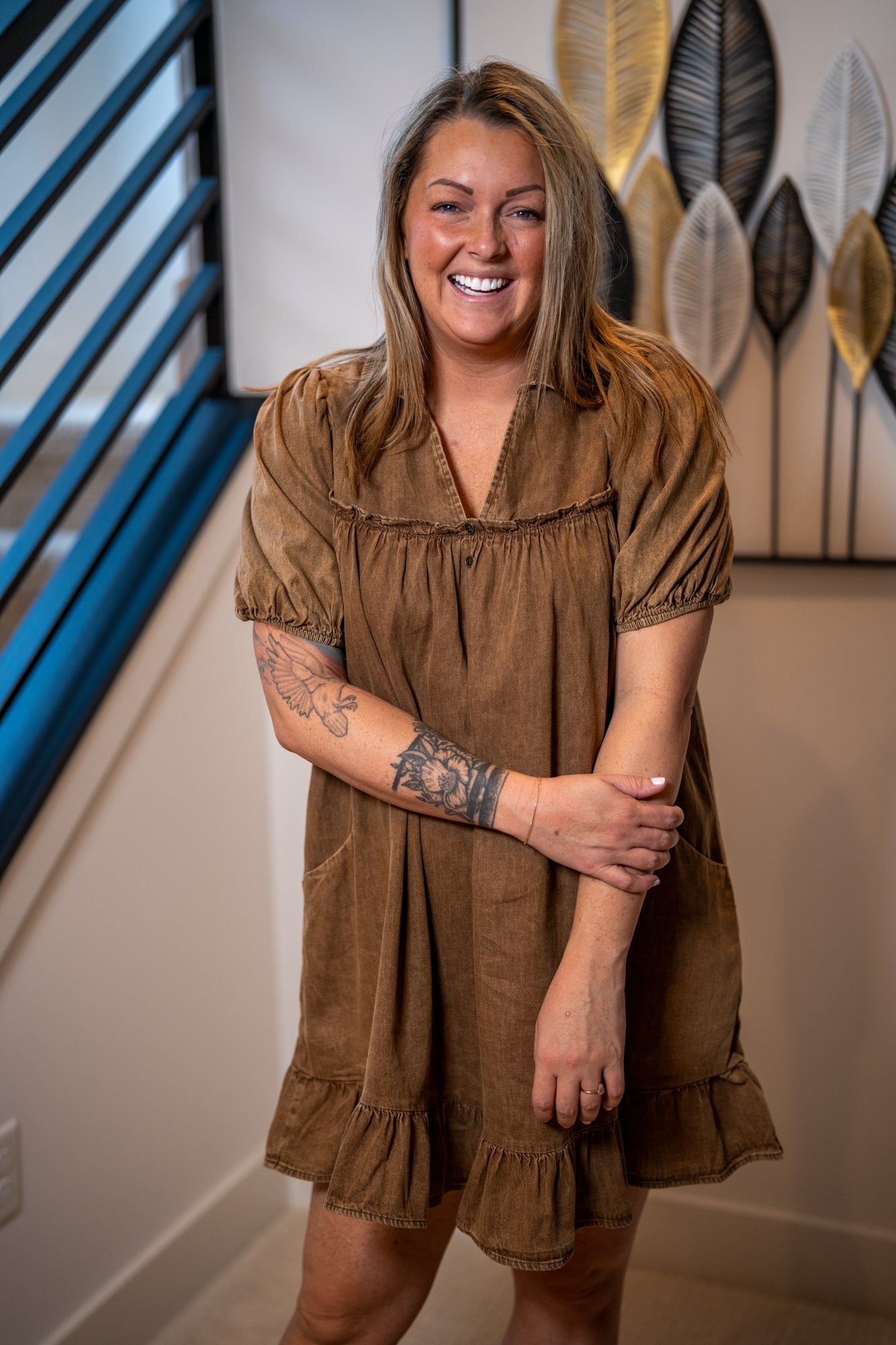 Easel Mocha Ruffle Bottom Washed Chambray Babydoll Dress