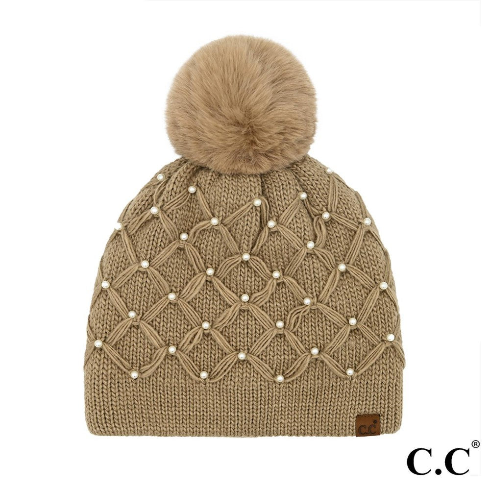 C.C - All Over Pearl Crochet Pom Beanie - Buttercup Lynne Boutique
