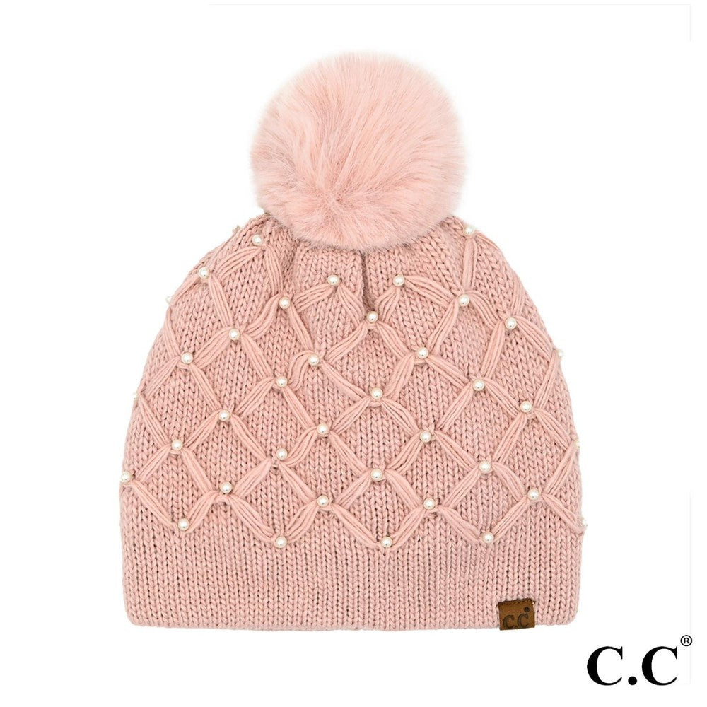 C.C - All Over Pearl Crochet Pom Beanie - Buttercup Lynne Boutique