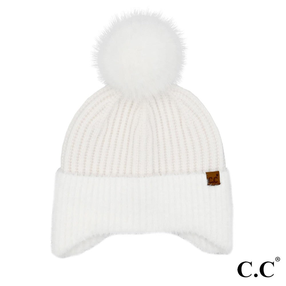 C.C White Fur Earflap Pom Beanie - Buttercup Lynne Boutique