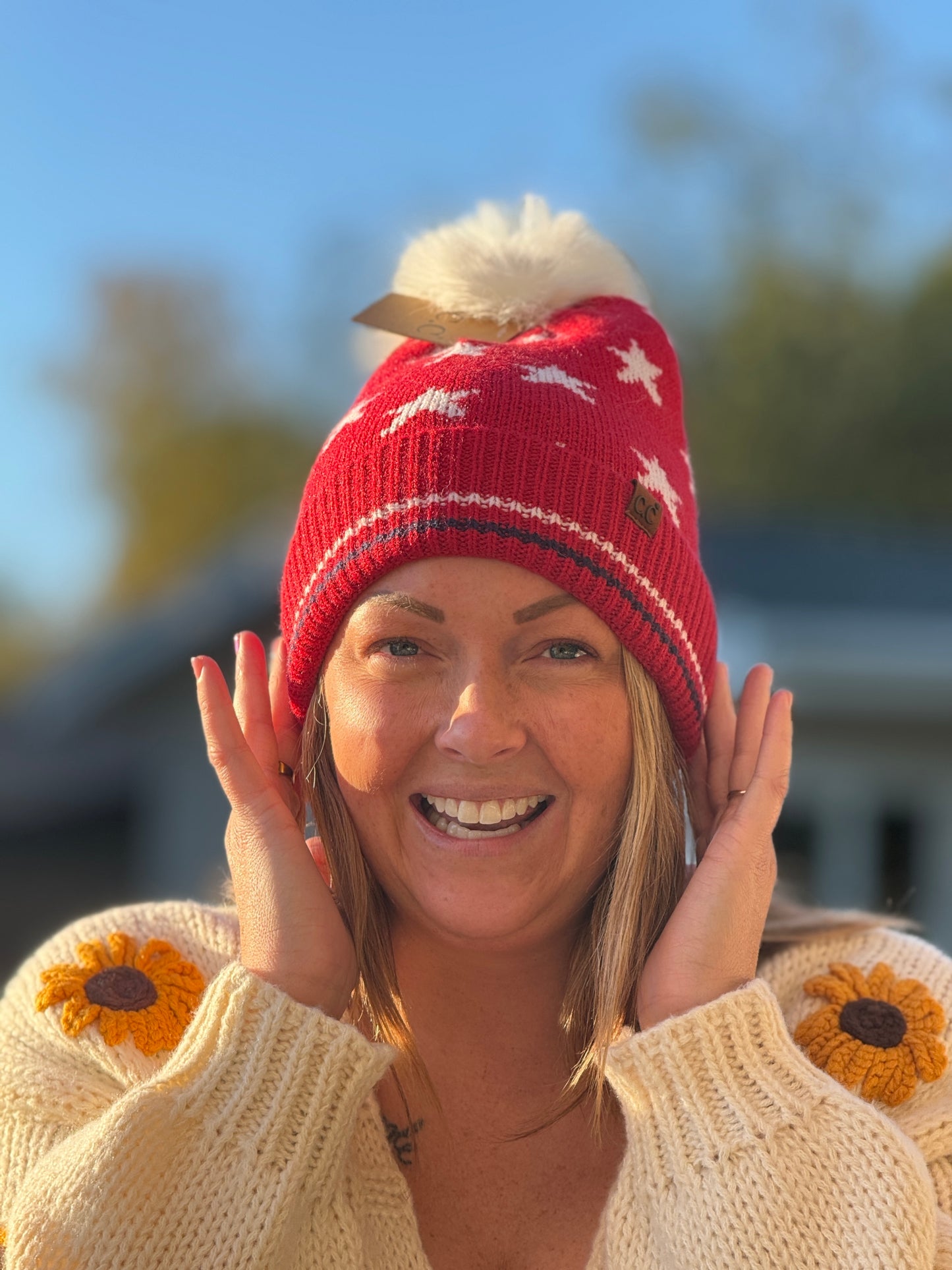 C.C - All Over Star And Stripe Cuff Pom Beanie - Buttercup Lynne Boutique