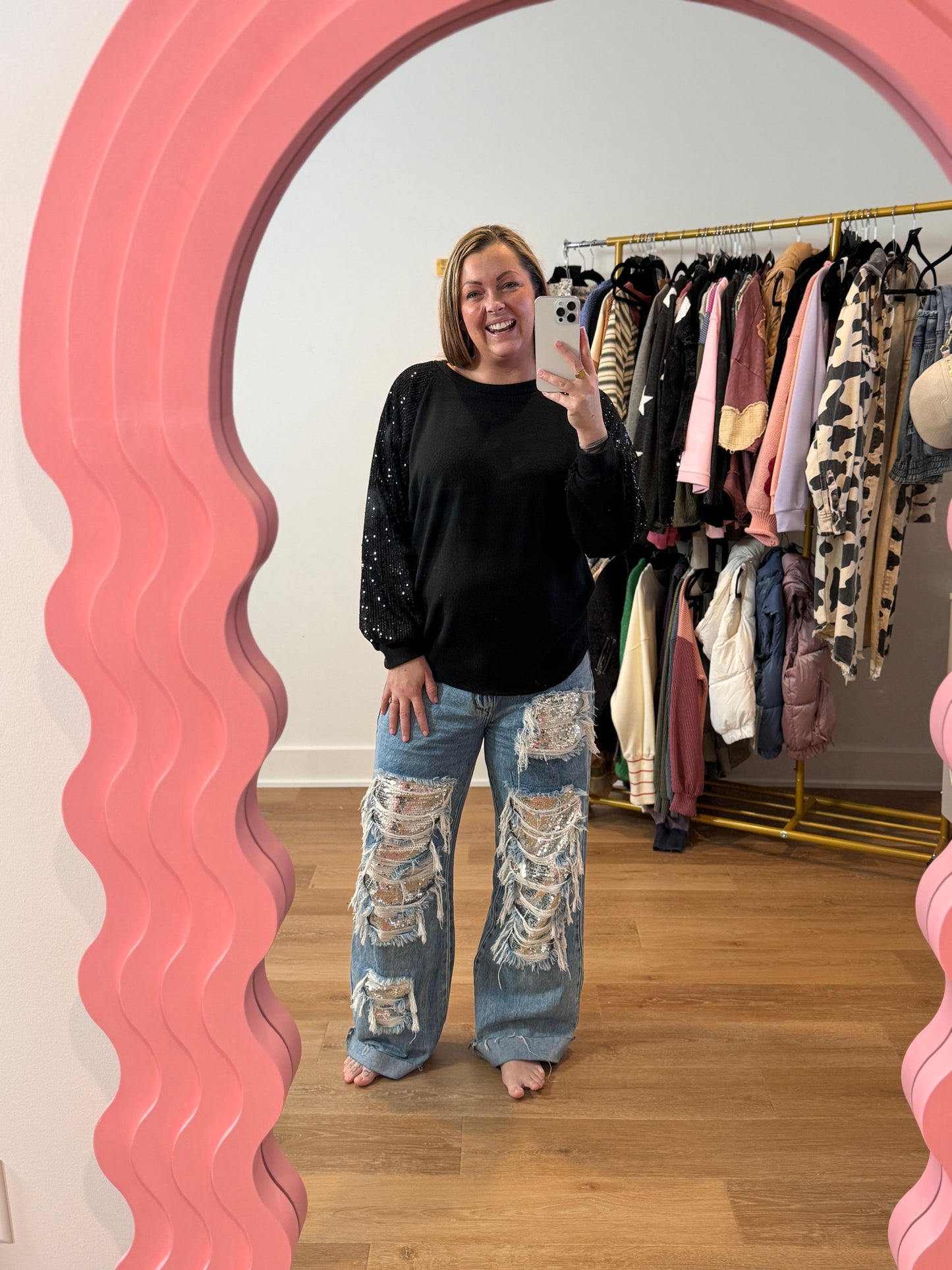 Time To Shine Sequin Bishop Sleeve Top - Buttercup Lynne Boutique