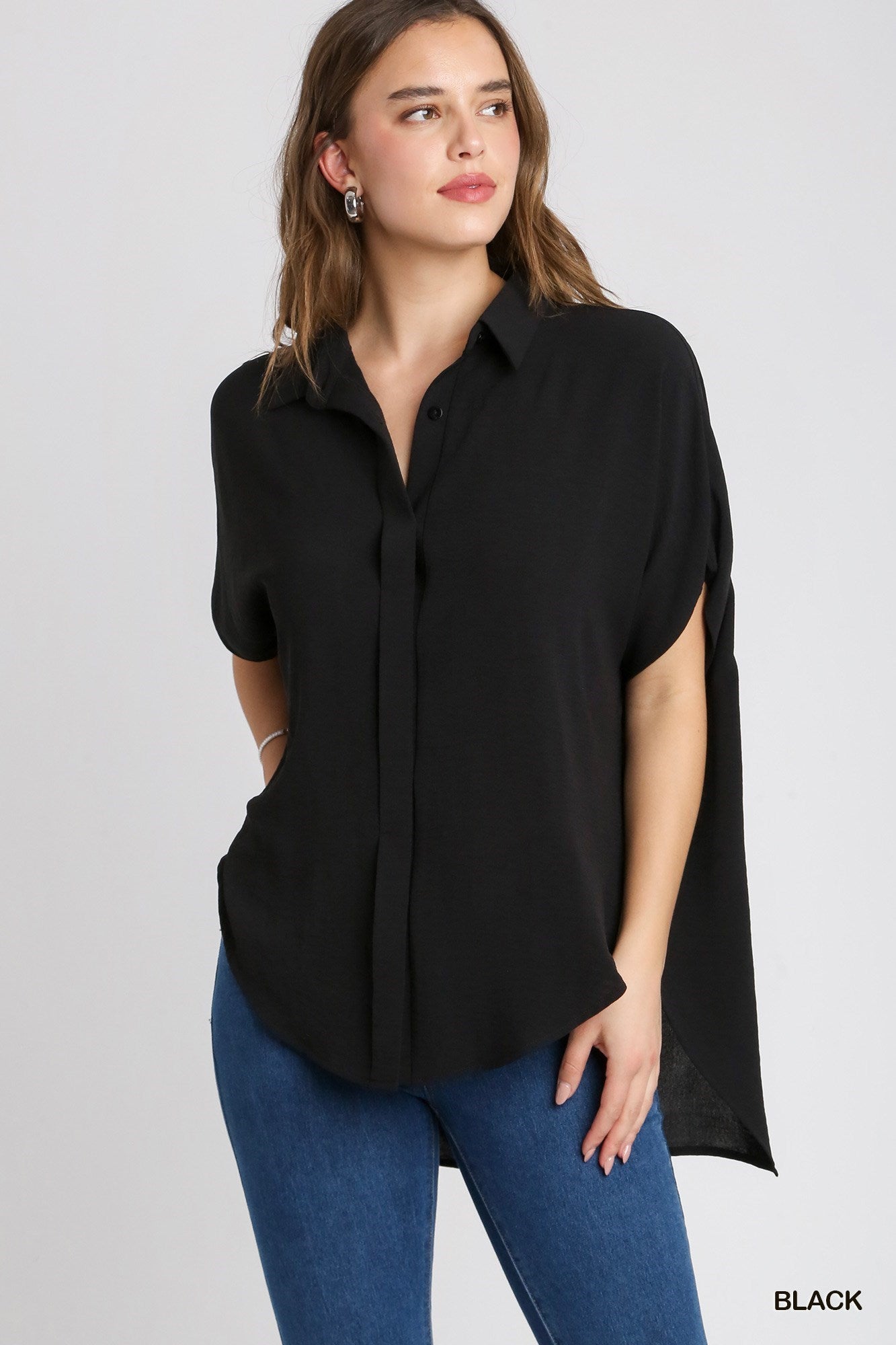 Oversized Hi-Low Button Down Top - Black - Buttercup Lynne Boutique