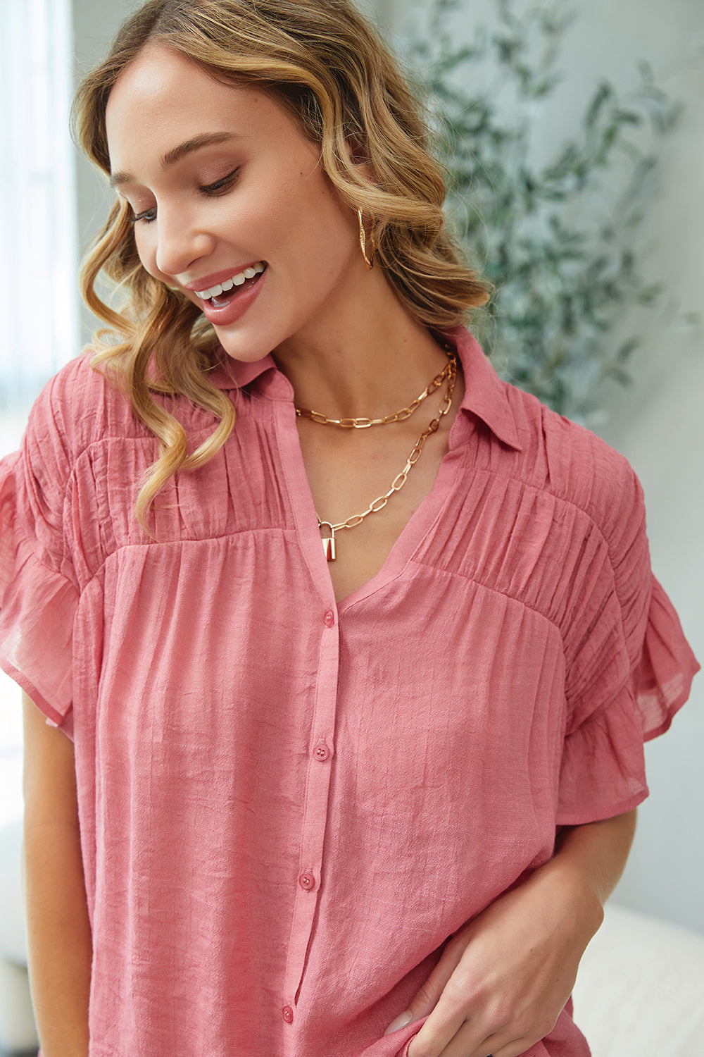 Short Ruffle Sleeve Shirt - Rose - Buttercup Lynne Boutique