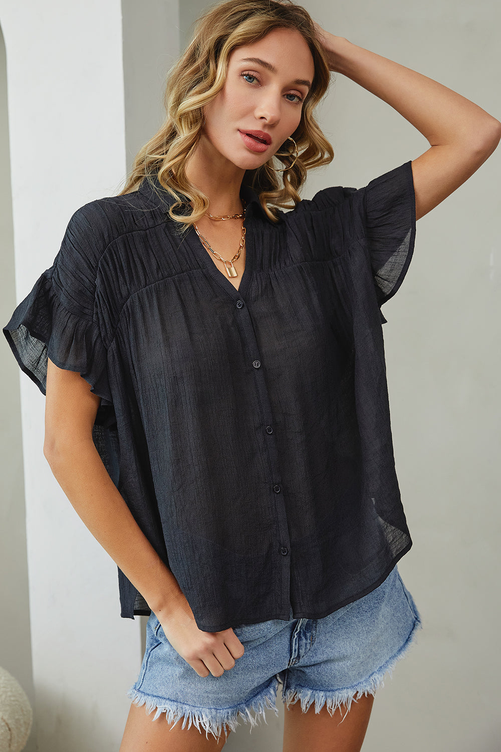 Short Ruffle Sleeve Shirt - Black - Buttercup Lynne Boutique