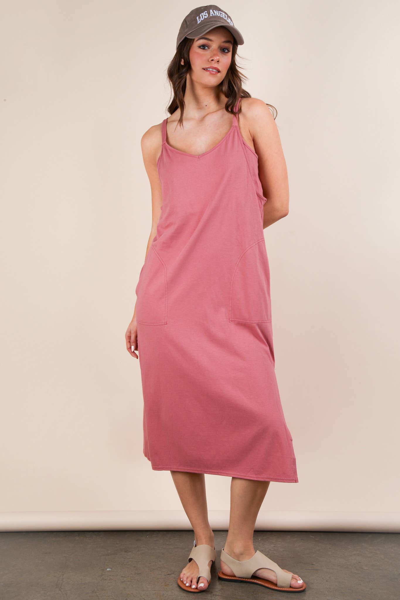 ND31605-V-Neck Sleeveless Casual Comfy Midi Dress - Buttercup Lynne Boutique