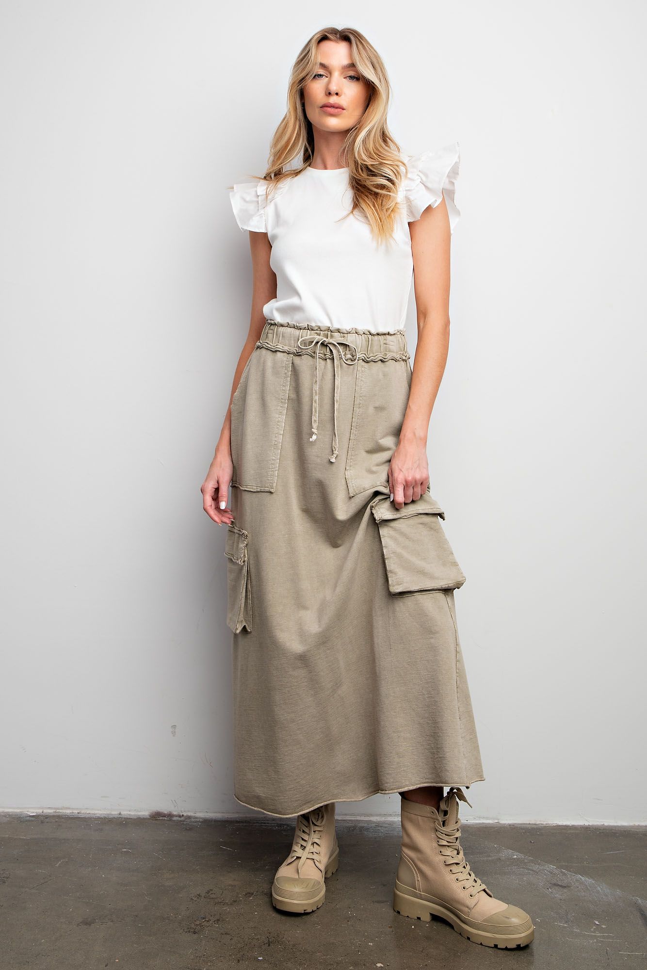 Mineral Washed Cargo Skirt in Mushroom - Plus - Buttercup Lynne Boutique