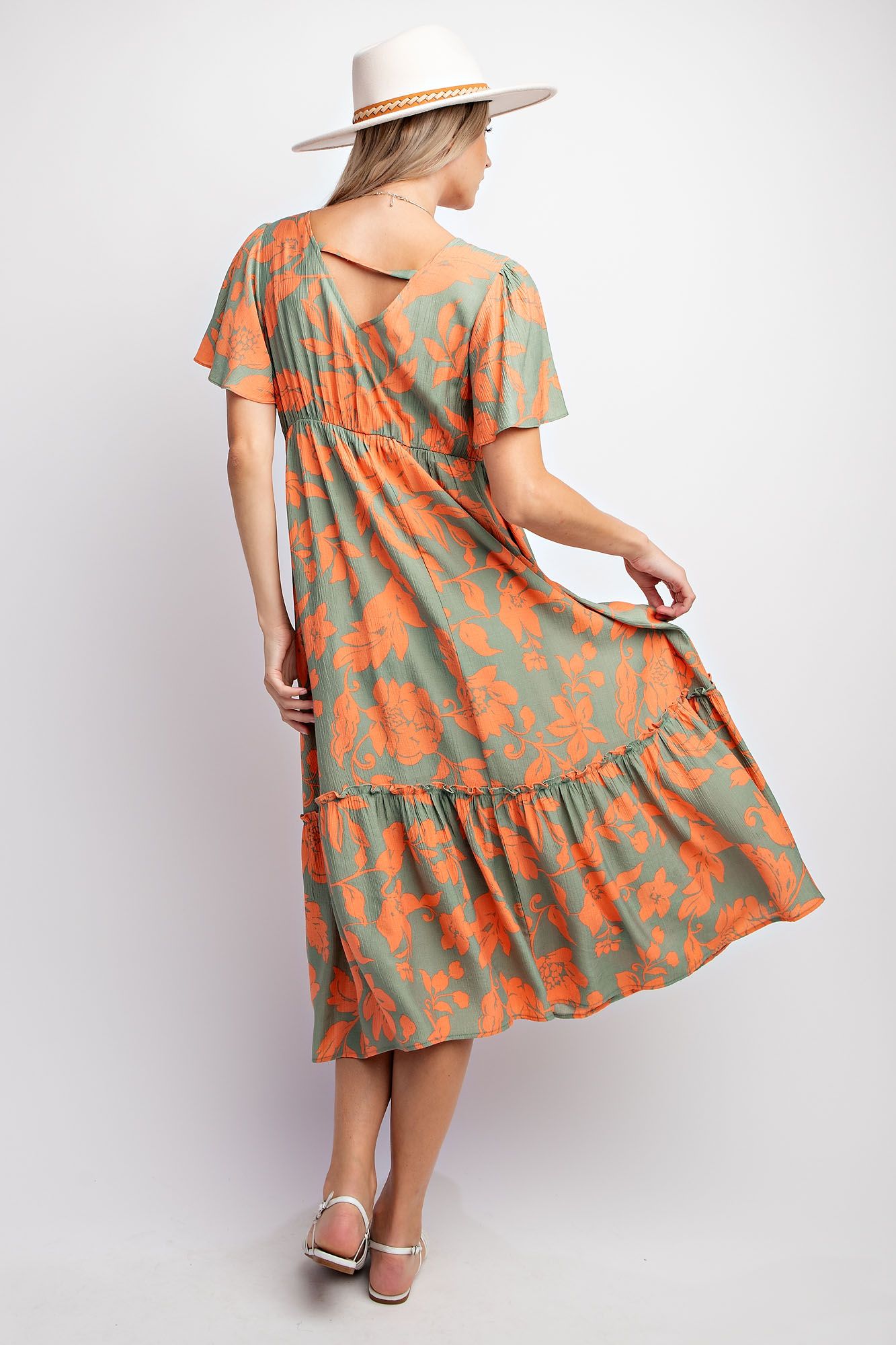 Voile Maxi Dress - Short Sleeve - Sage and Orange Floral - Buttercup Lynne Boutique