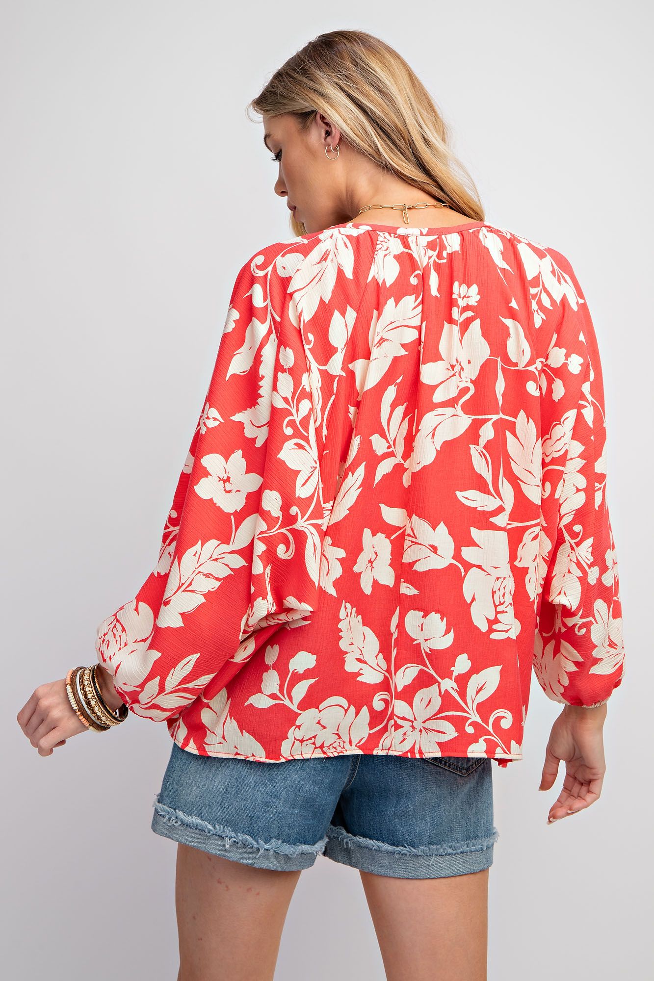 Printed Peach Blossom Woven V Neck Top - Dolman Sleeves Color - Coral - Buttercup Lynne Boutique